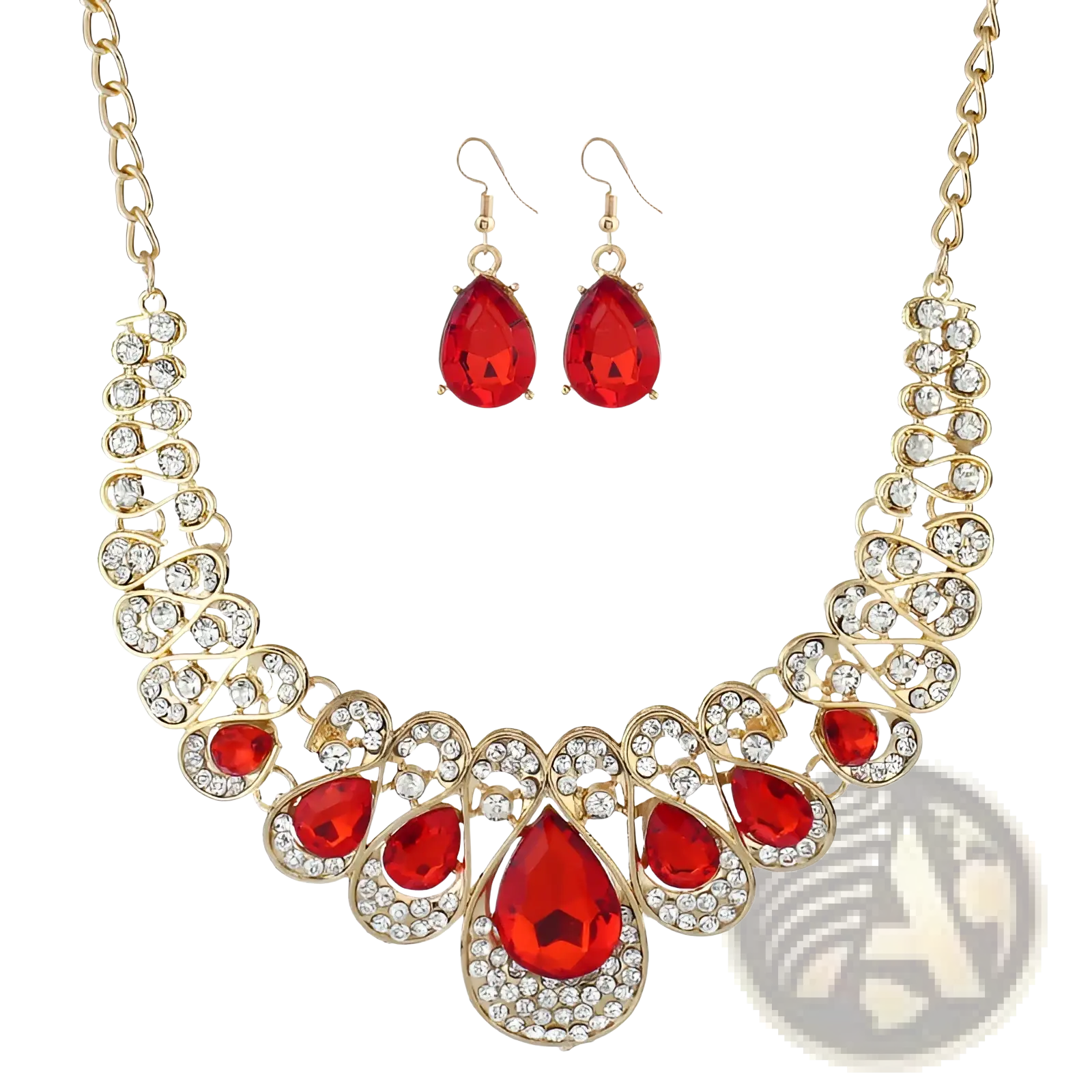 Vintage gold teardrop crystal bridal necklace with a bold red centerpiece and clear crystals in intricate metalwork