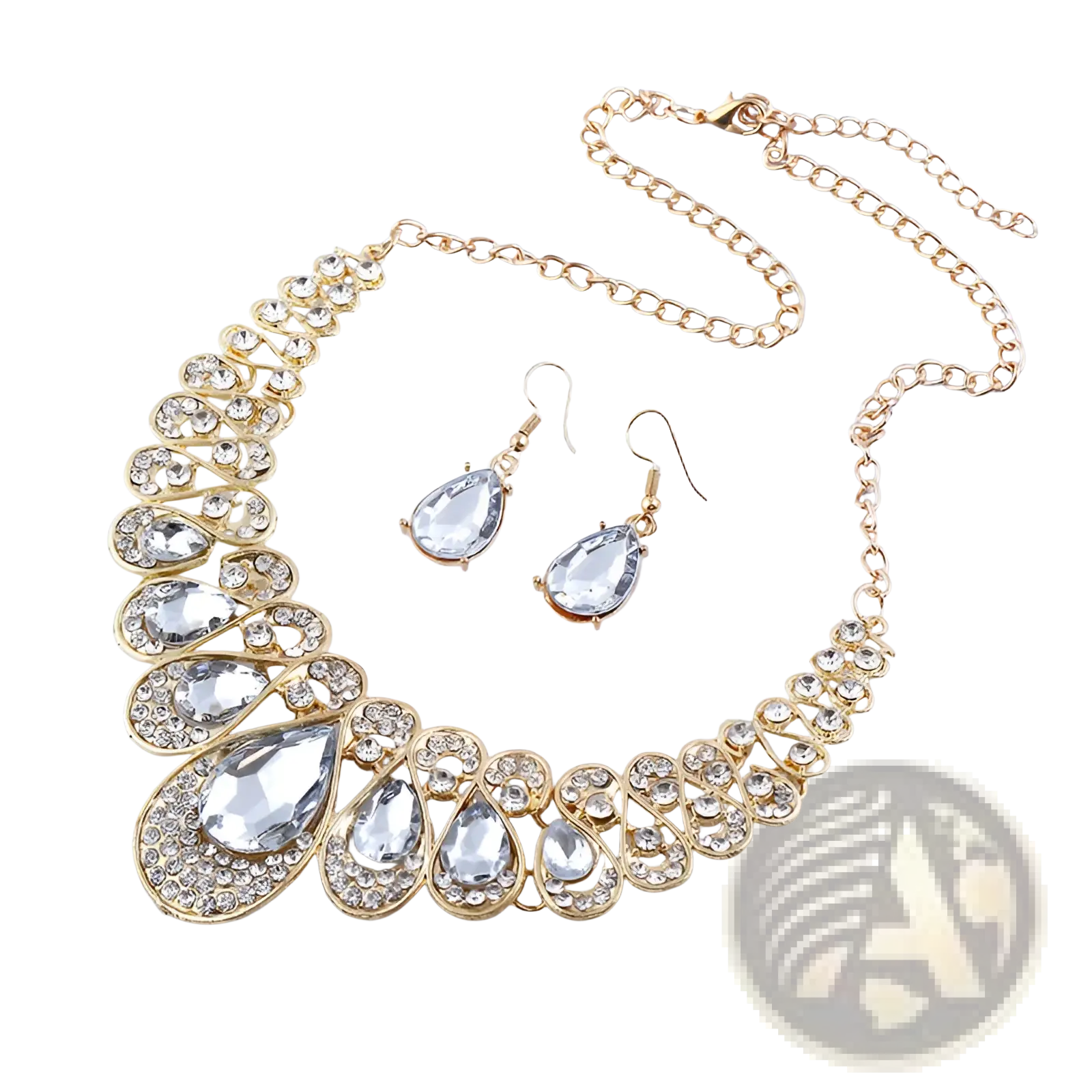 Vintage gold teardrop crystal bridal necklace with bold layered design featuring large clear crystals and rhinestones