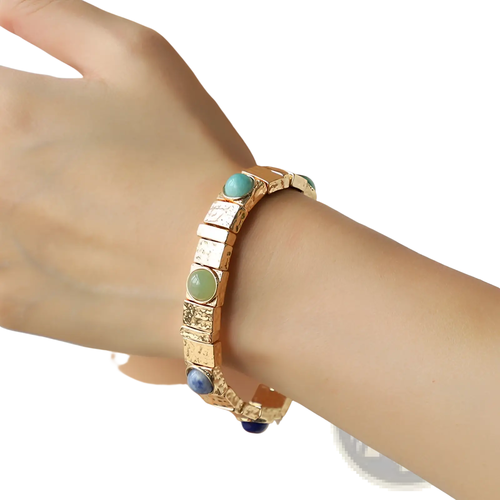 Vintage hammered gold bangle bracelet with textured square links and turquoise green and blue round gemstones