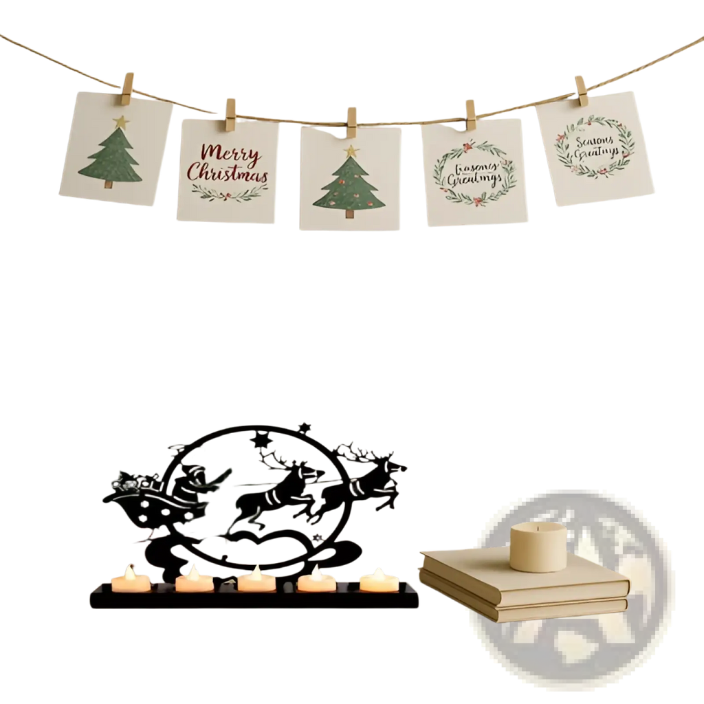 Black metal vintage iron reindeer christmas candle holder with sleigh, reindeer, and tree cutout design
