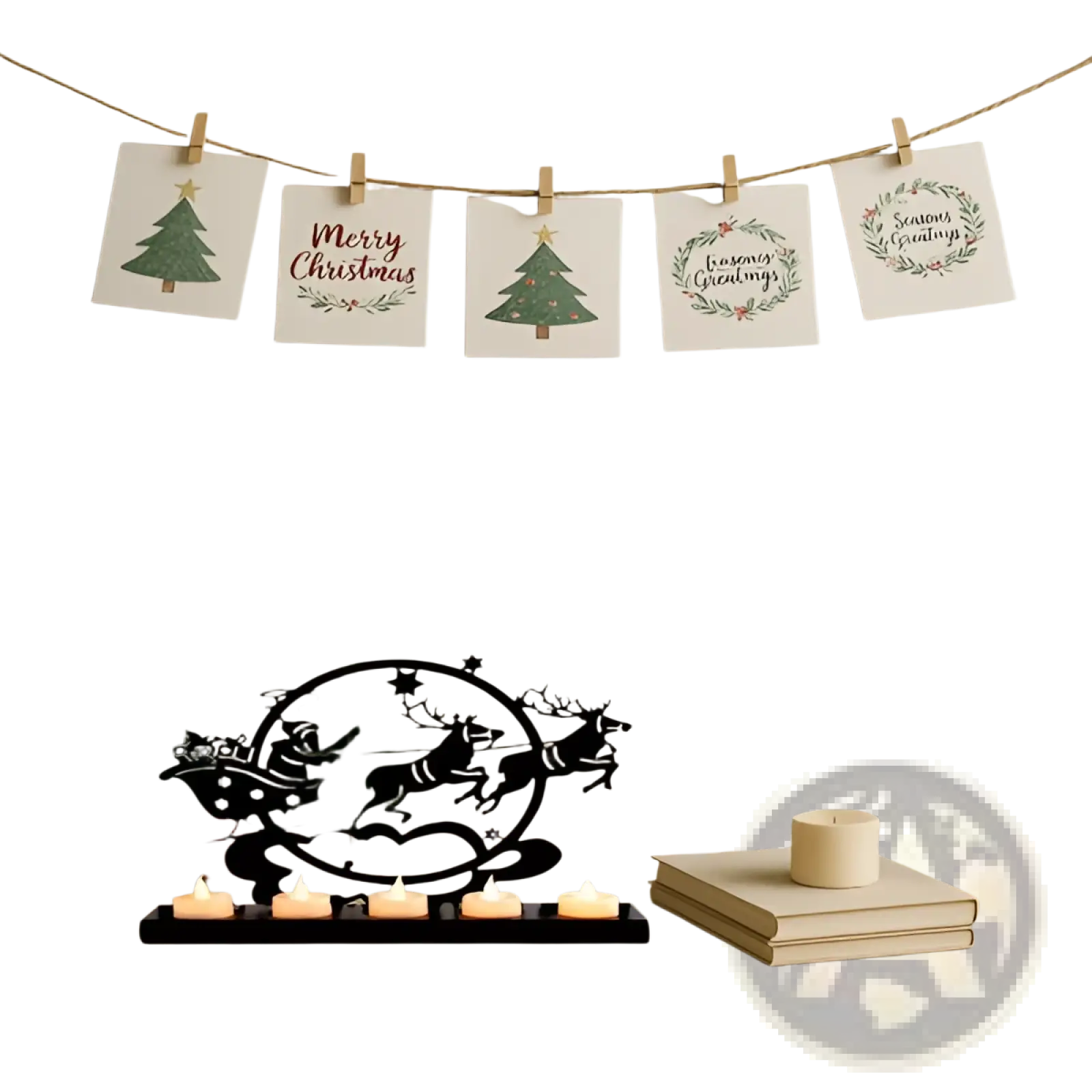 Black metal vintage iron reindeer christmas candle holder with sleigh, reindeer, and tree cutout design