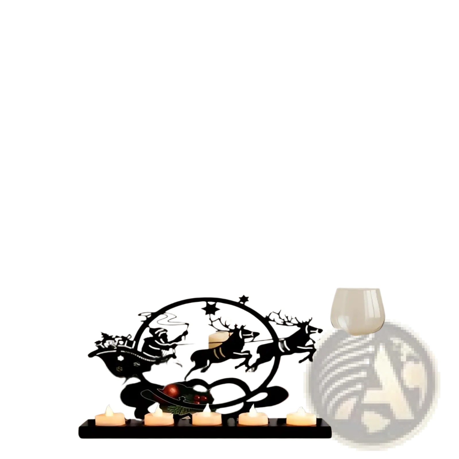 Black metal vintage iron reindeer christmas candle holder featuring santa sleigh with reindeer surrounded by pine branches and red berries