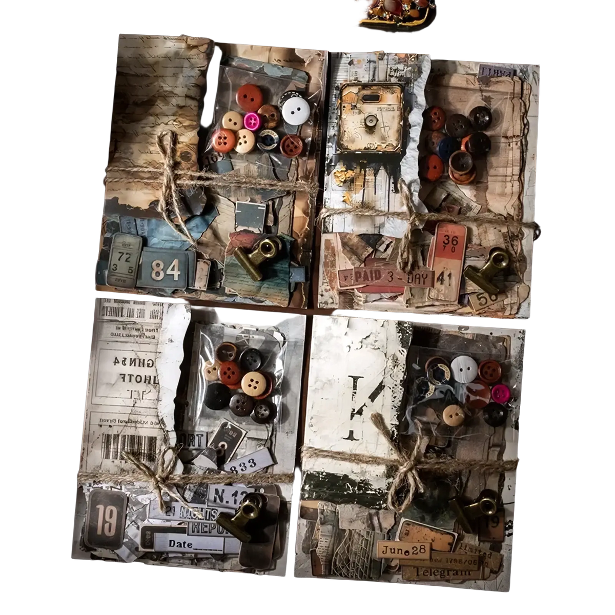Four vintage junk journal scrapbook pages with colorful red pink brown white buttons on aged paper tied with rustic twine