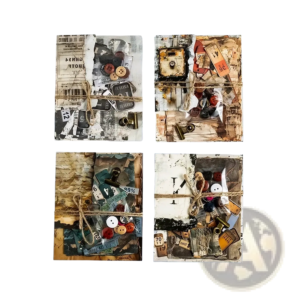 Four vintage-style mixed-media collage junk journal scrapbook supplies with aged paper buttons earthy tones and twine bindings