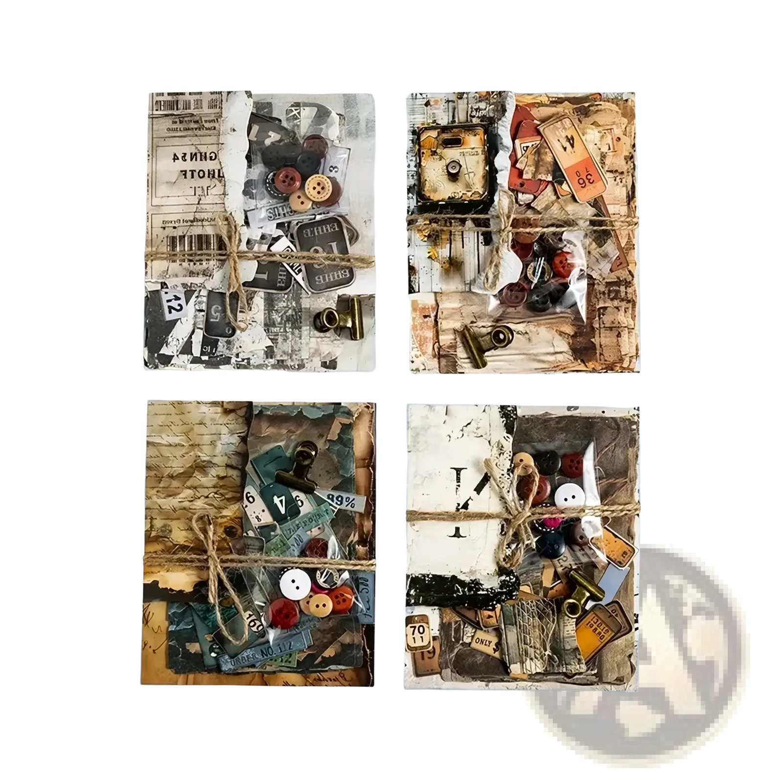Four vintage-style mixed-media collage junk journal scrapbook supplies with aged paper buttons earthy tones and twine bindings