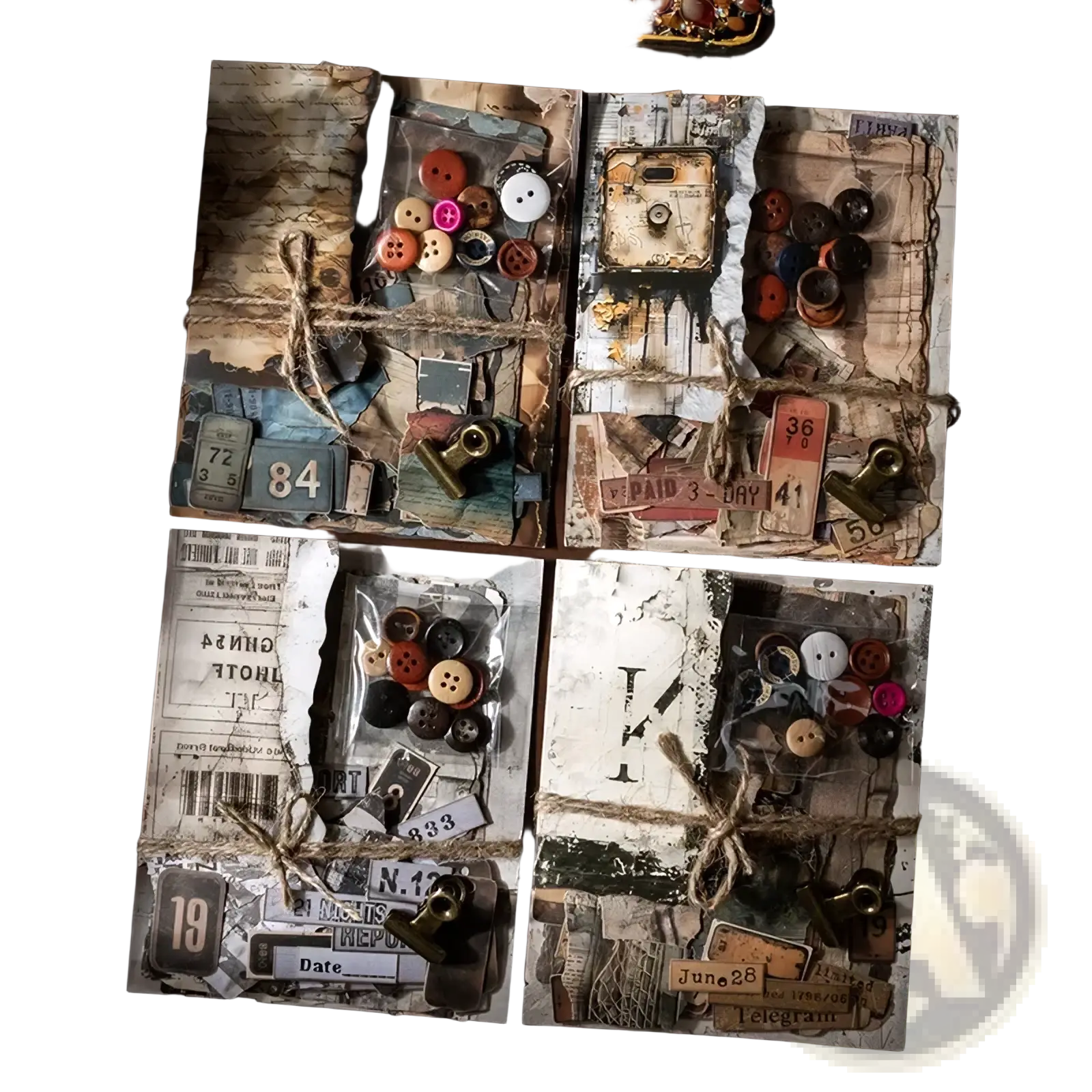 Four vintage junk journal scrapbook pages with colorful red pink brown white buttons on aged paper tied with rustic twine