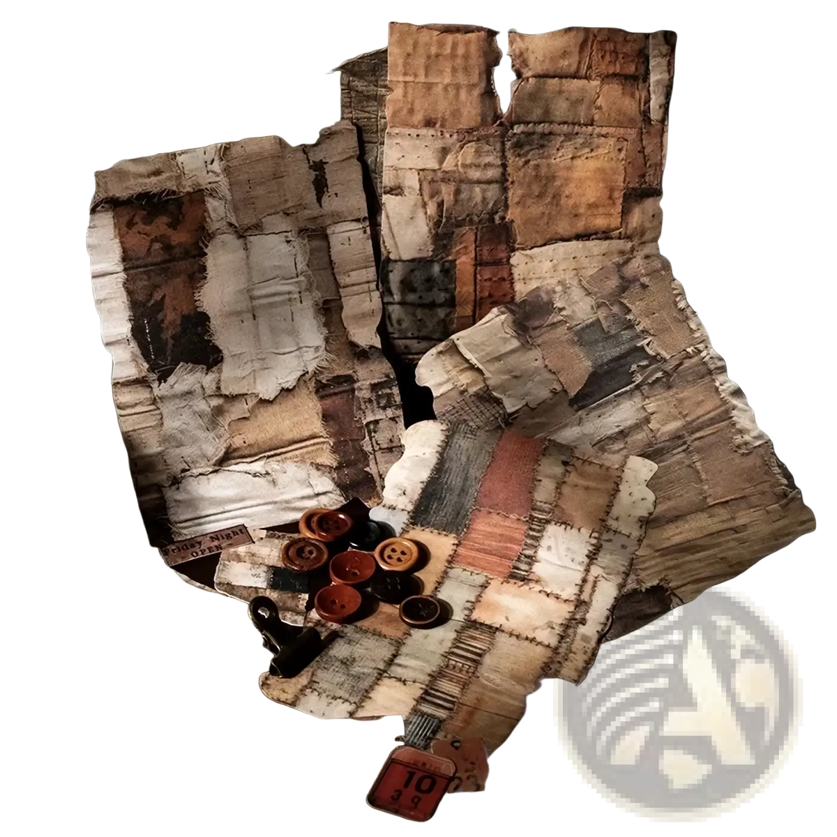 Vintage junk journal scrapbook supplies pack featuring a rustic patchwork Illinois wall art made of aged earthy fabric