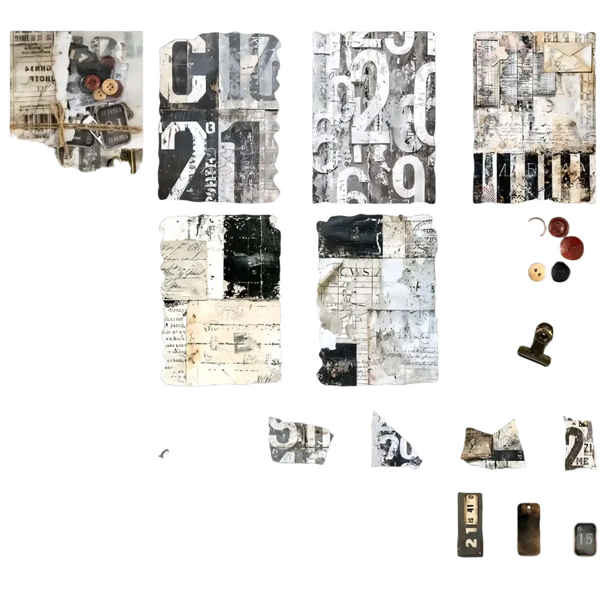 Vintage junk journal scrapbook supplies pack featuring distressed black and white typography buttons and metal clip