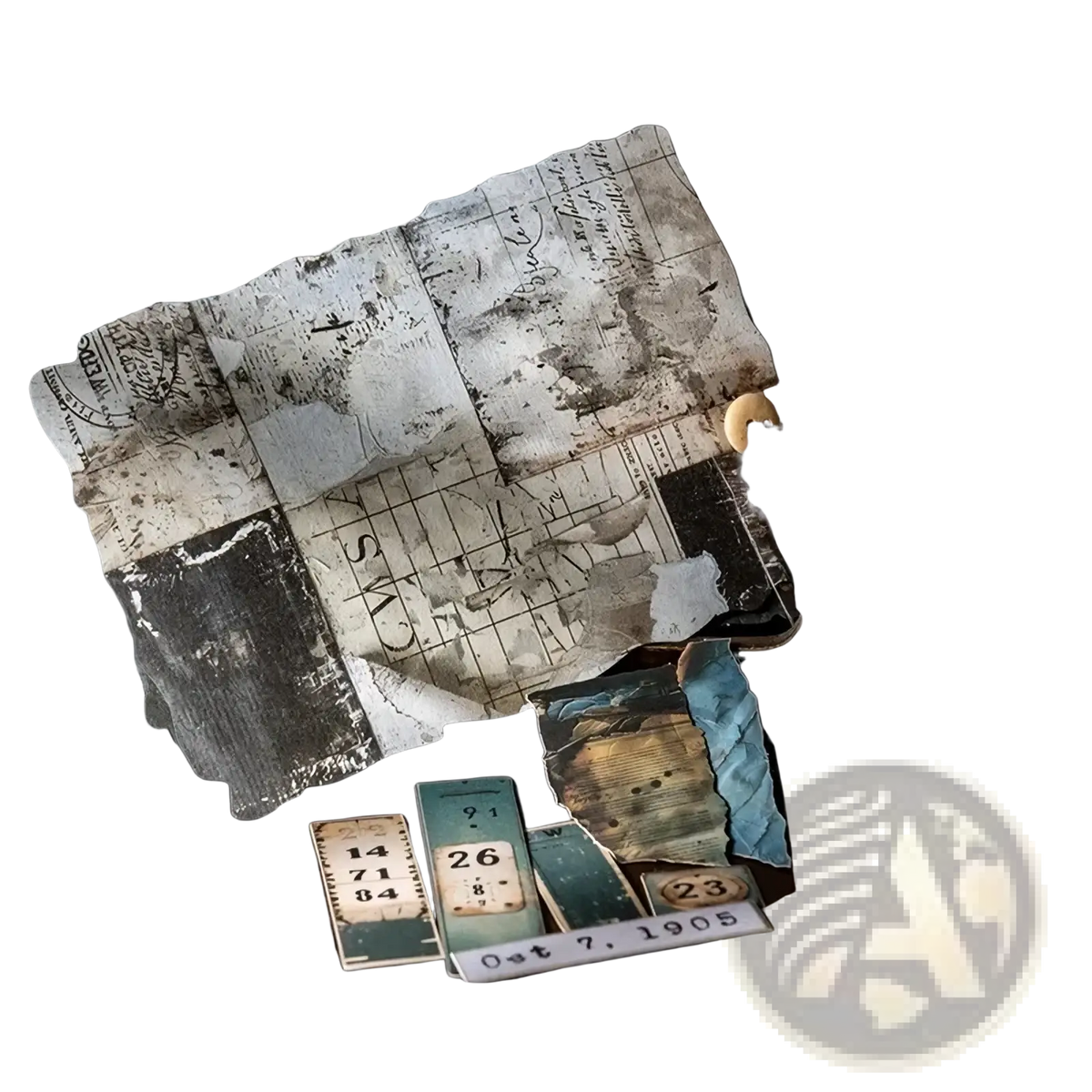 A vintage junk journal scrapbook supplies pack featuring a weathered patchwork with aged paper and vintage ticket fragments