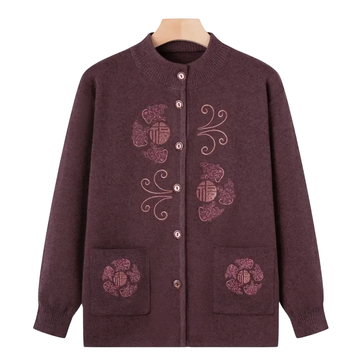 Maroon wool blend vintage knitted cardigan with embroidered pink chinese characters floral motifs front buttons pockets