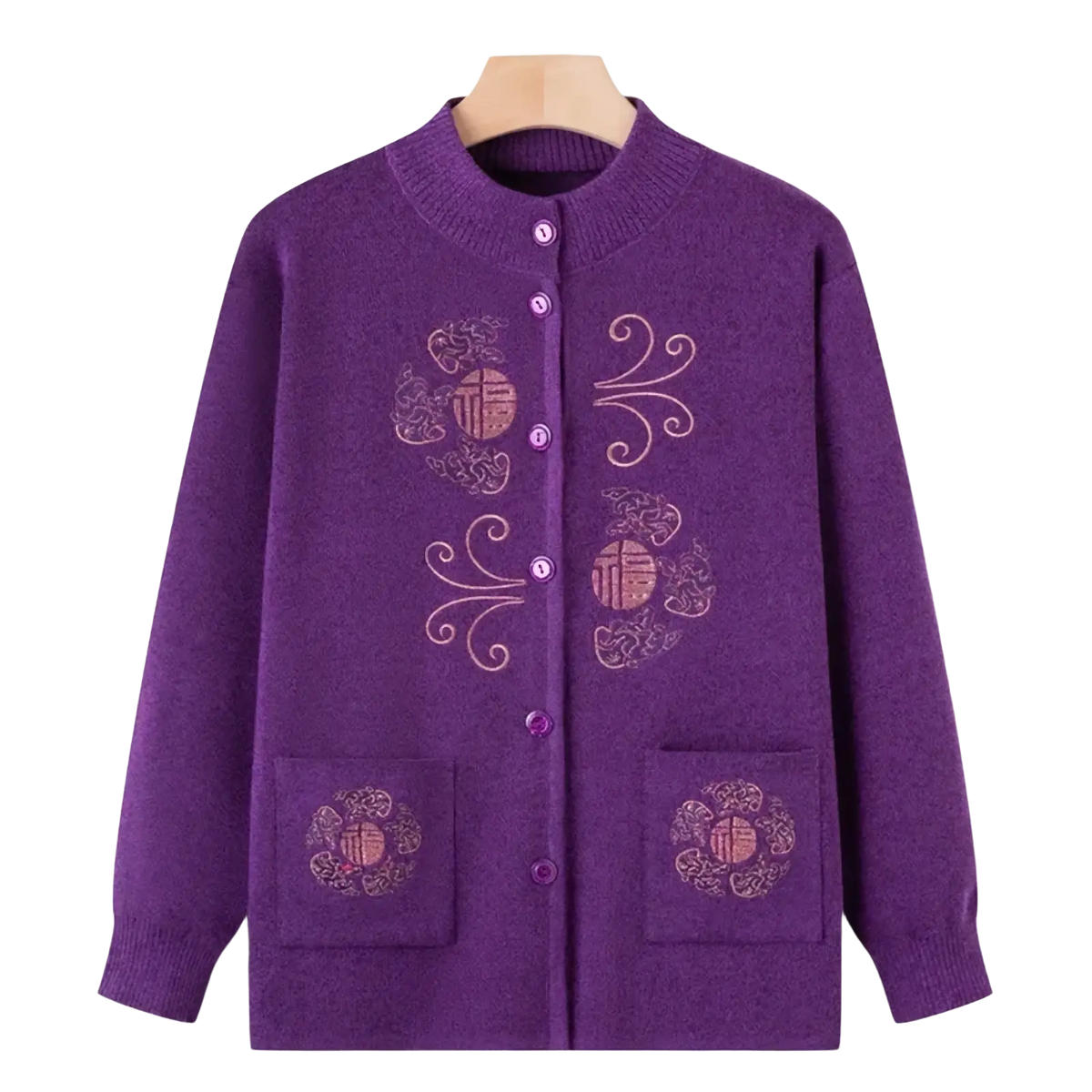Purple vintage knitted cardigan wool blend sweater coat with embroidered Chinese characters and matching buttons down front
