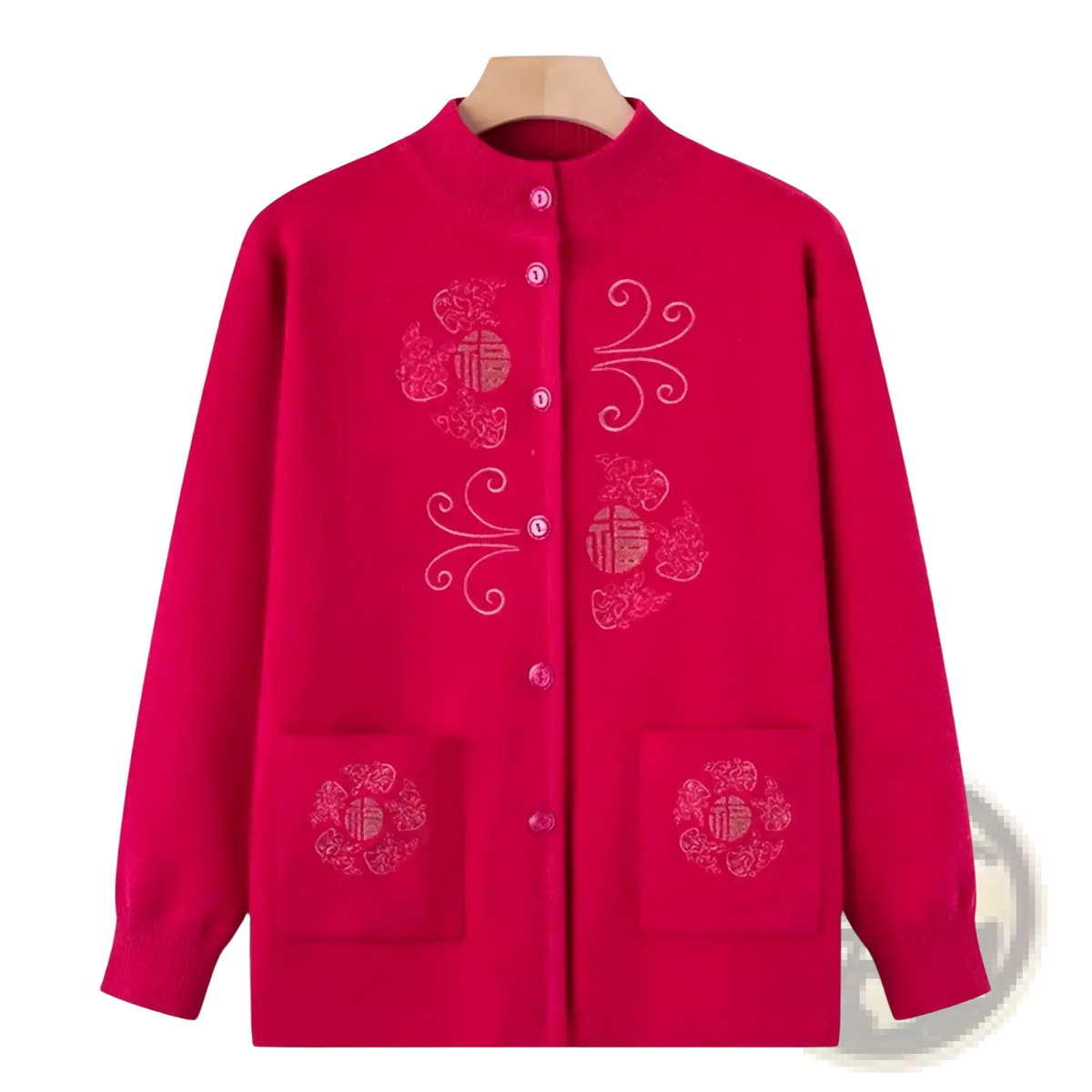 Vintage knitted cardigan wool blend sweater coat in vibrant fuchsia with white embroidered Chinese characters and front buttons