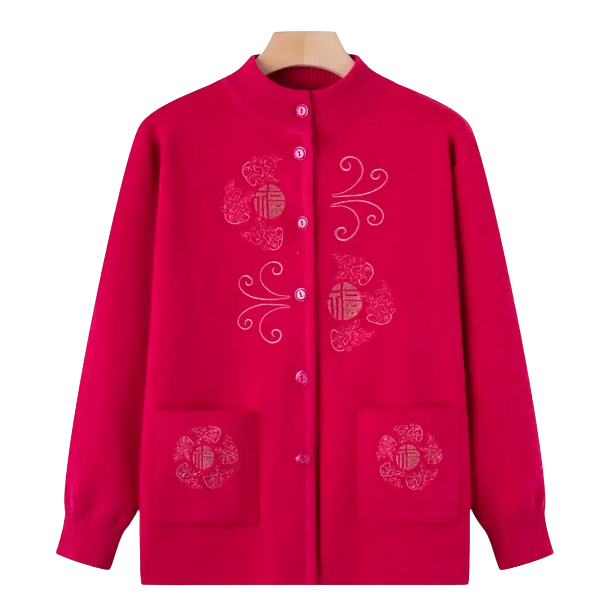 Vintage knitted cardigan wool blend sweater coat in vibrant fuchsia with white embroidered Chinese characters and front buttons