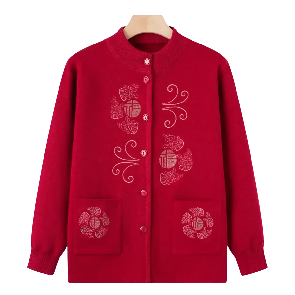 Vintage knitted cardigan wool blend sweater coat in vibrant red with white embroidered chinese characters and front buttons