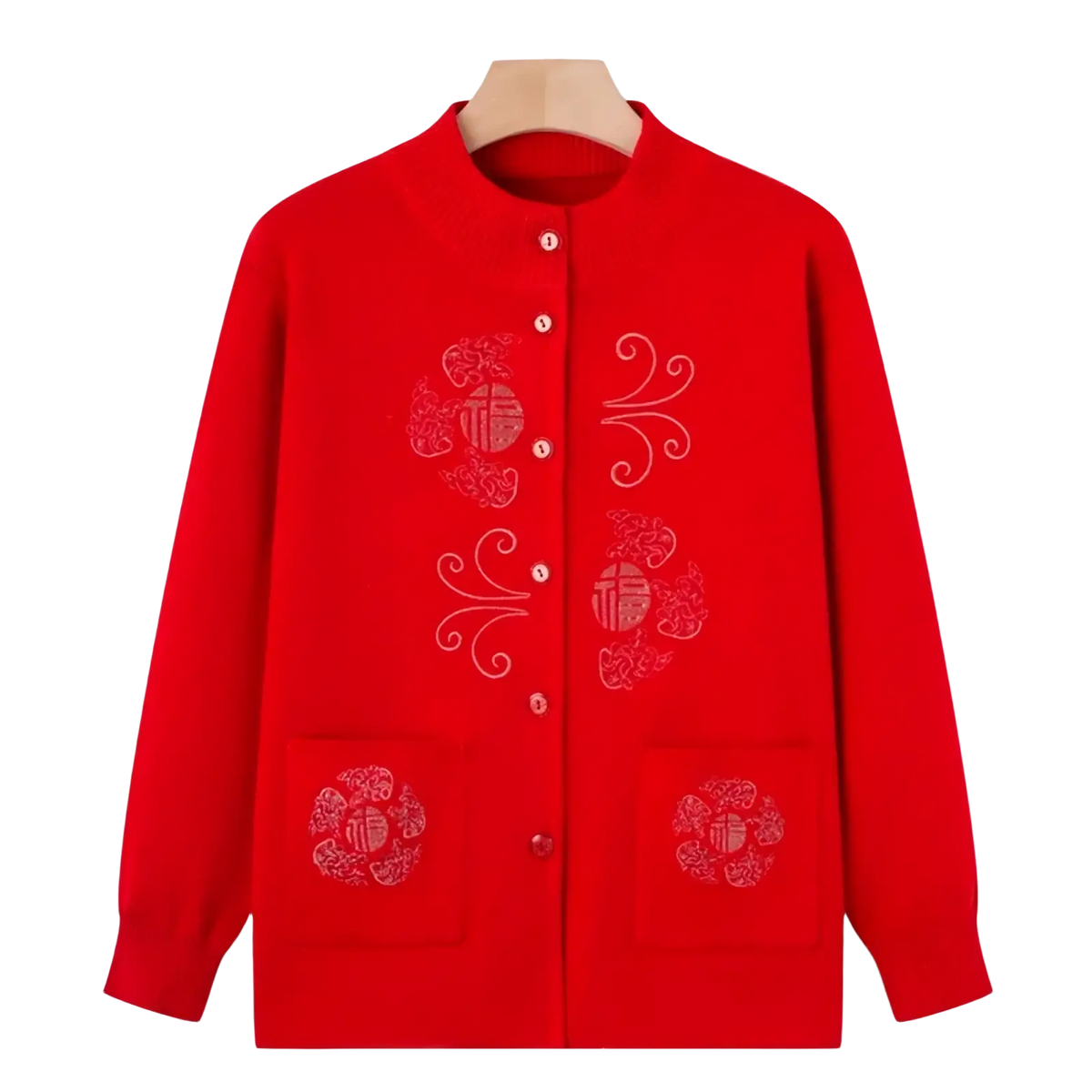 Vintage knitted wool blend cardigan featuring vibrant red color with intricate white embroidery and matching buttons