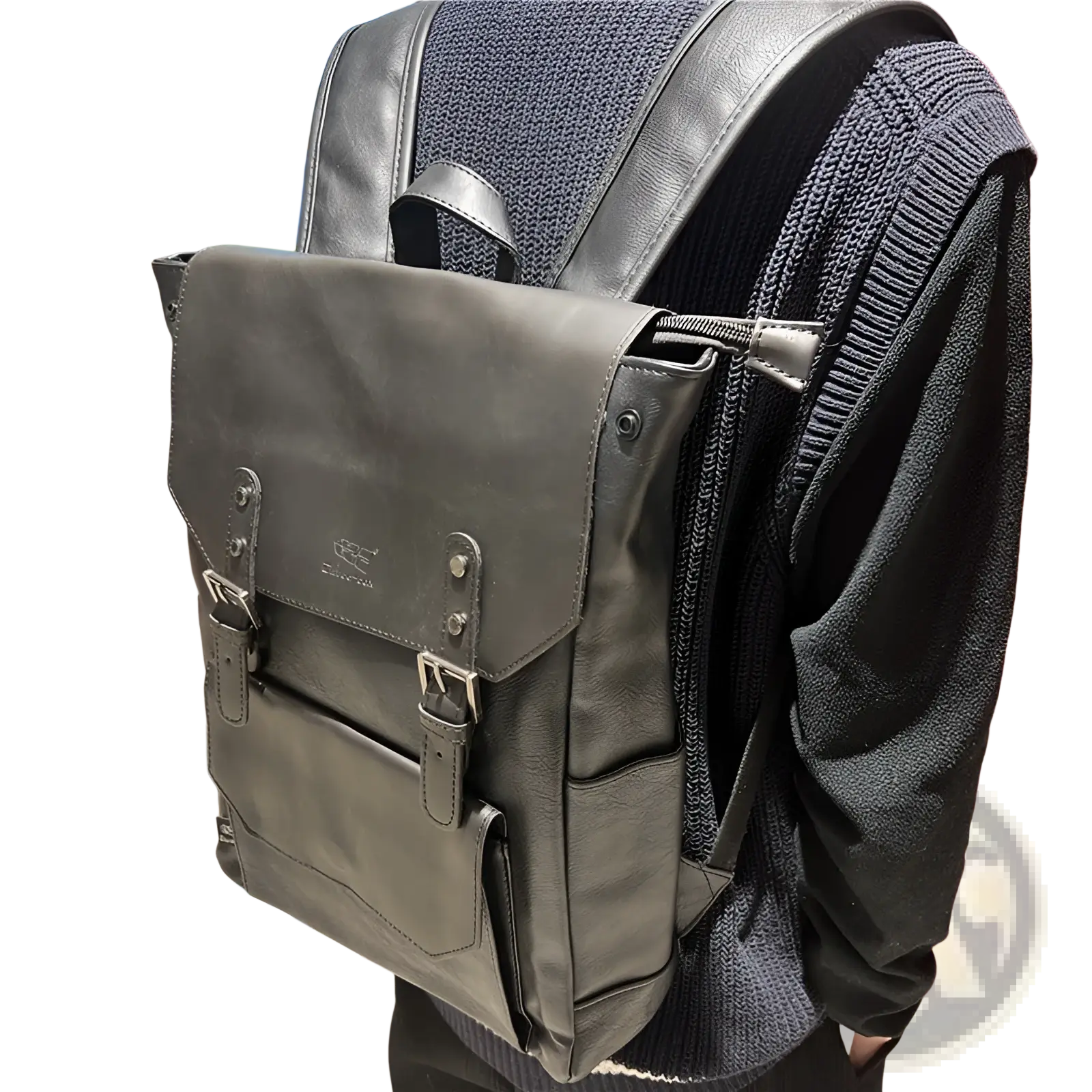 Dark gray leather vintage college backpack with silver metal buckles and front flap closure large capacity travel bag