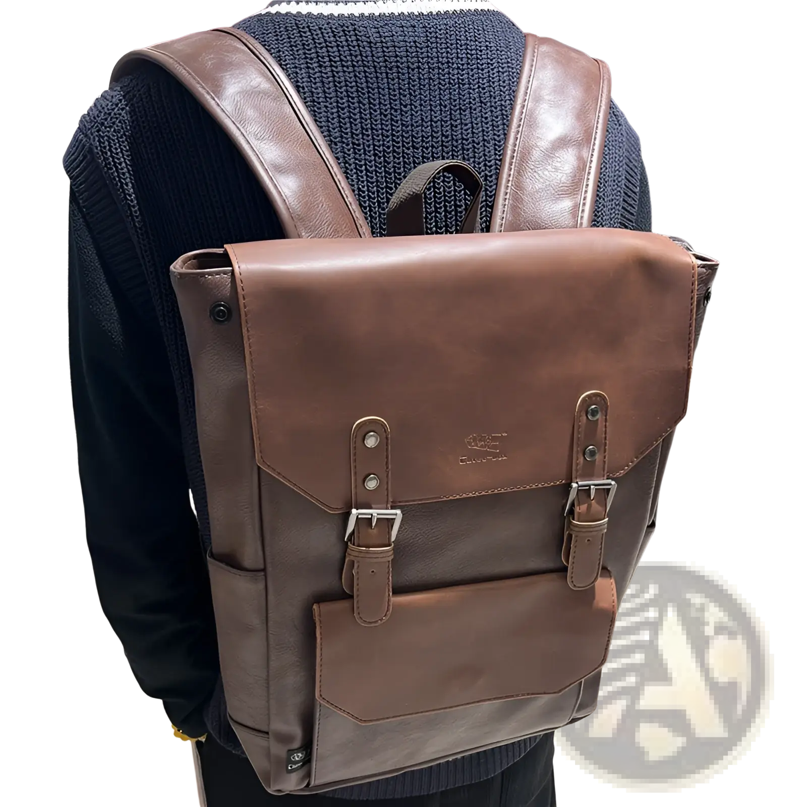 Vintage leather college backpack in brown with large capacity featuring two front buckles and darker panels