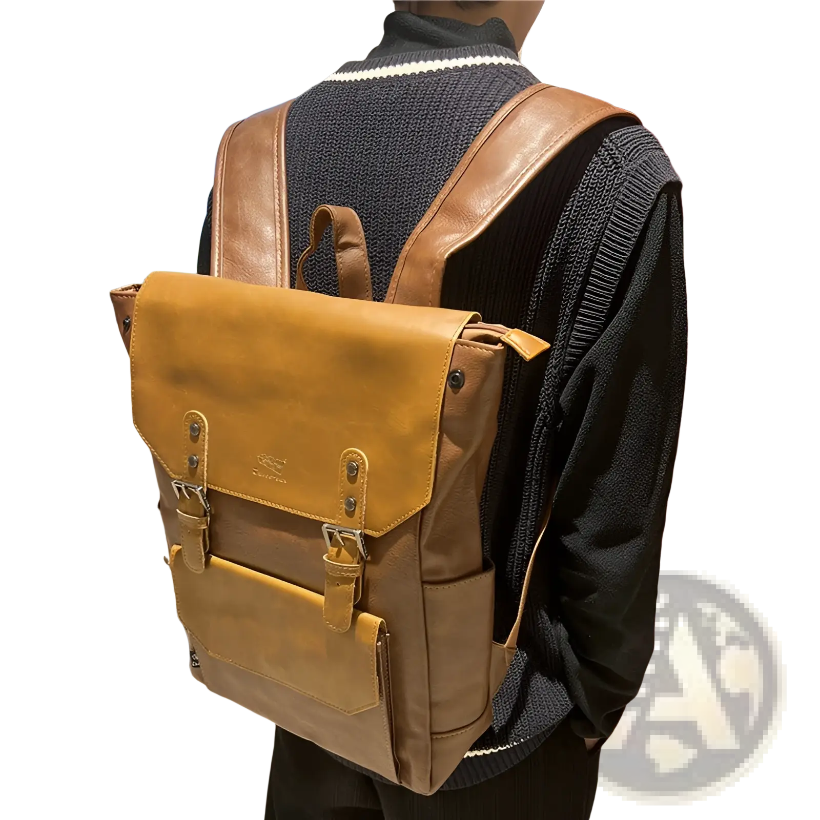 Tan leather vintage college backpack with brown straps and metal buckle front flap for large capacity travel use