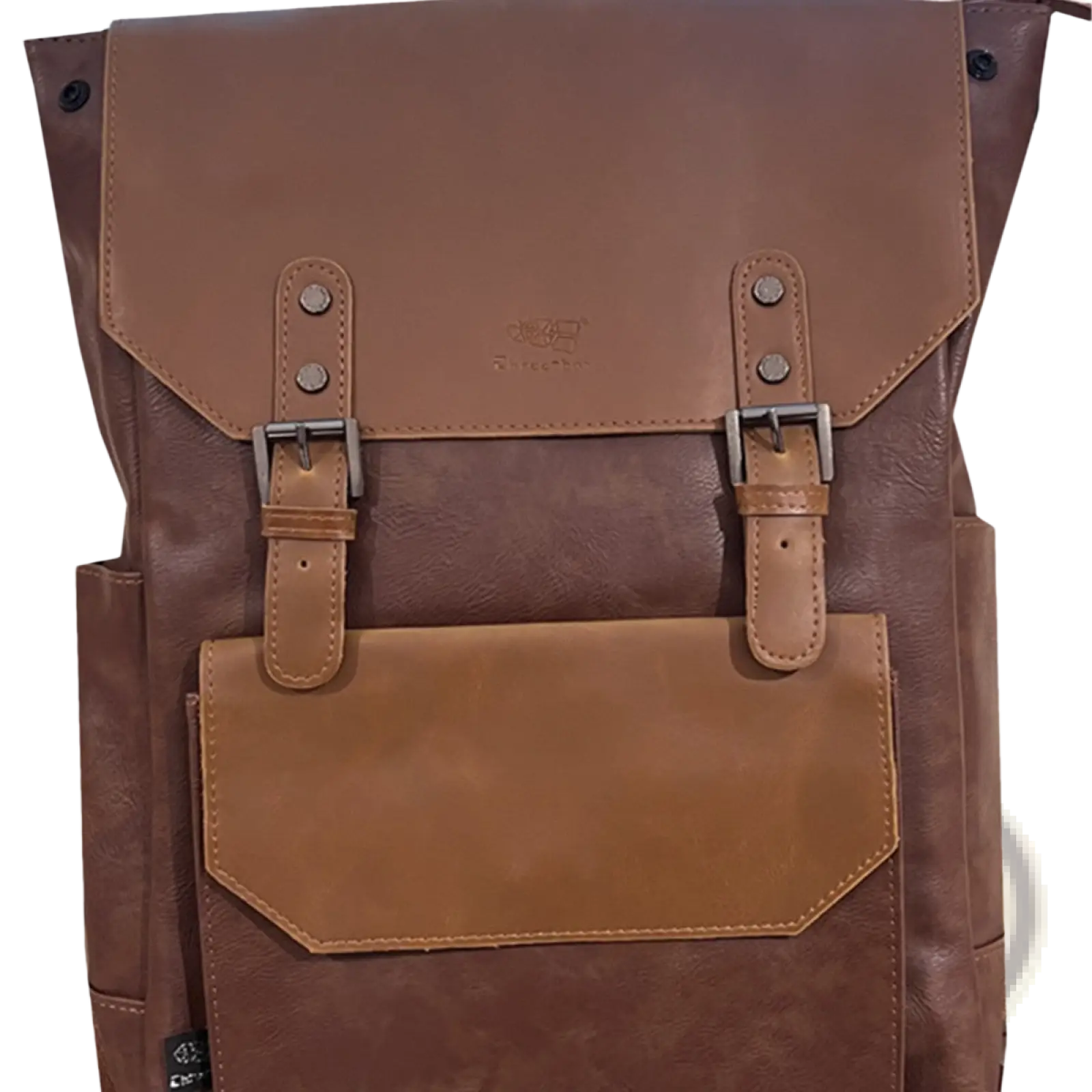 Vintage leather college backpack large capacity travel bag in brown leather with tan accents and silver buckles