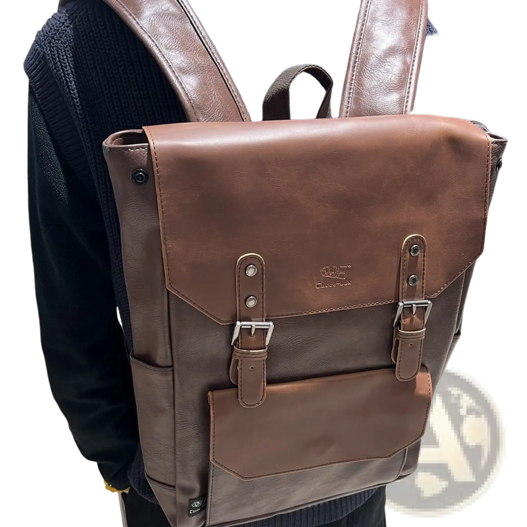 Vintage leather college backpack in brown with silver-toned buckles and embossed logo large capacity travel bag