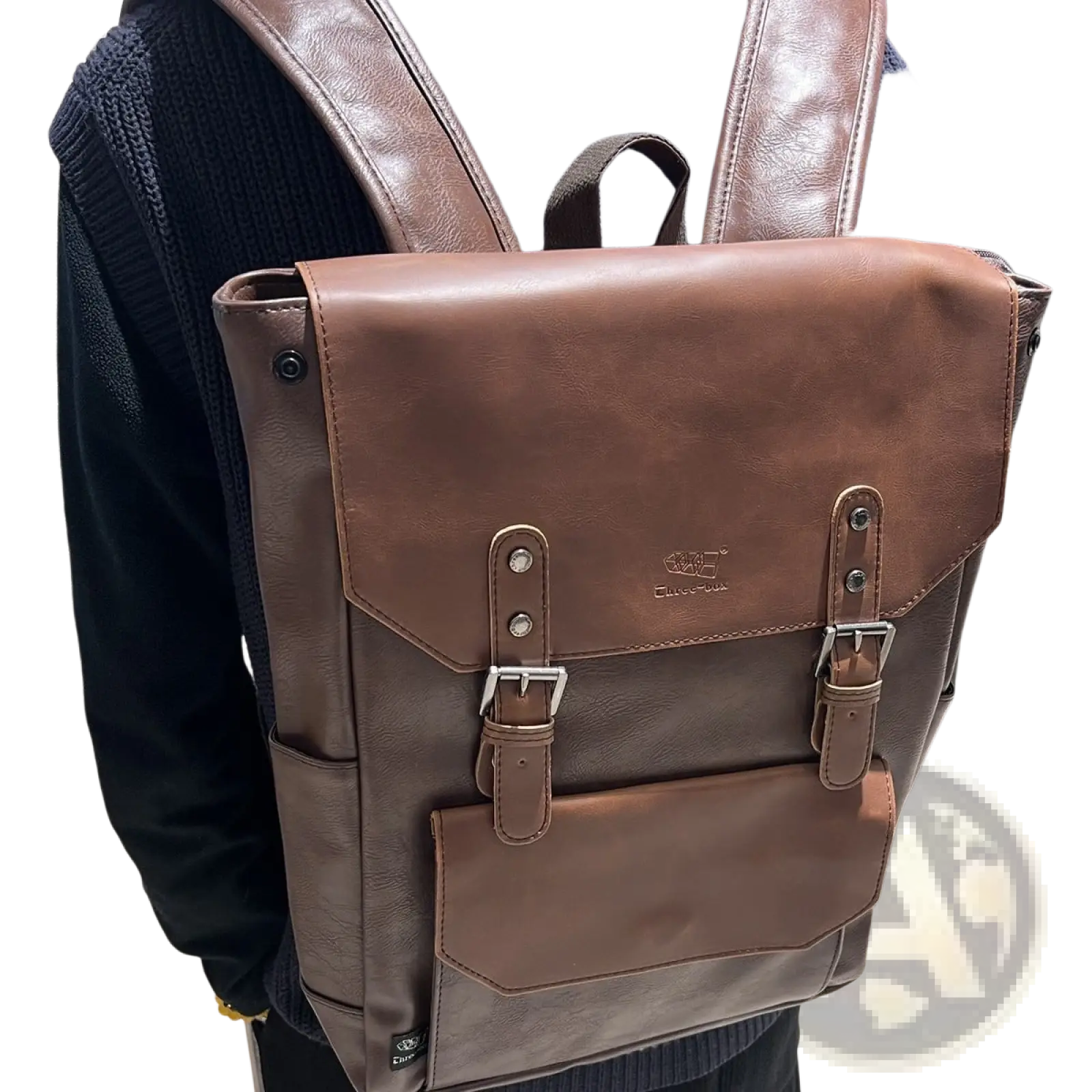 Vintage leather college backpack in brown with silver-toned buckles and embossed logo large capacity travel bag