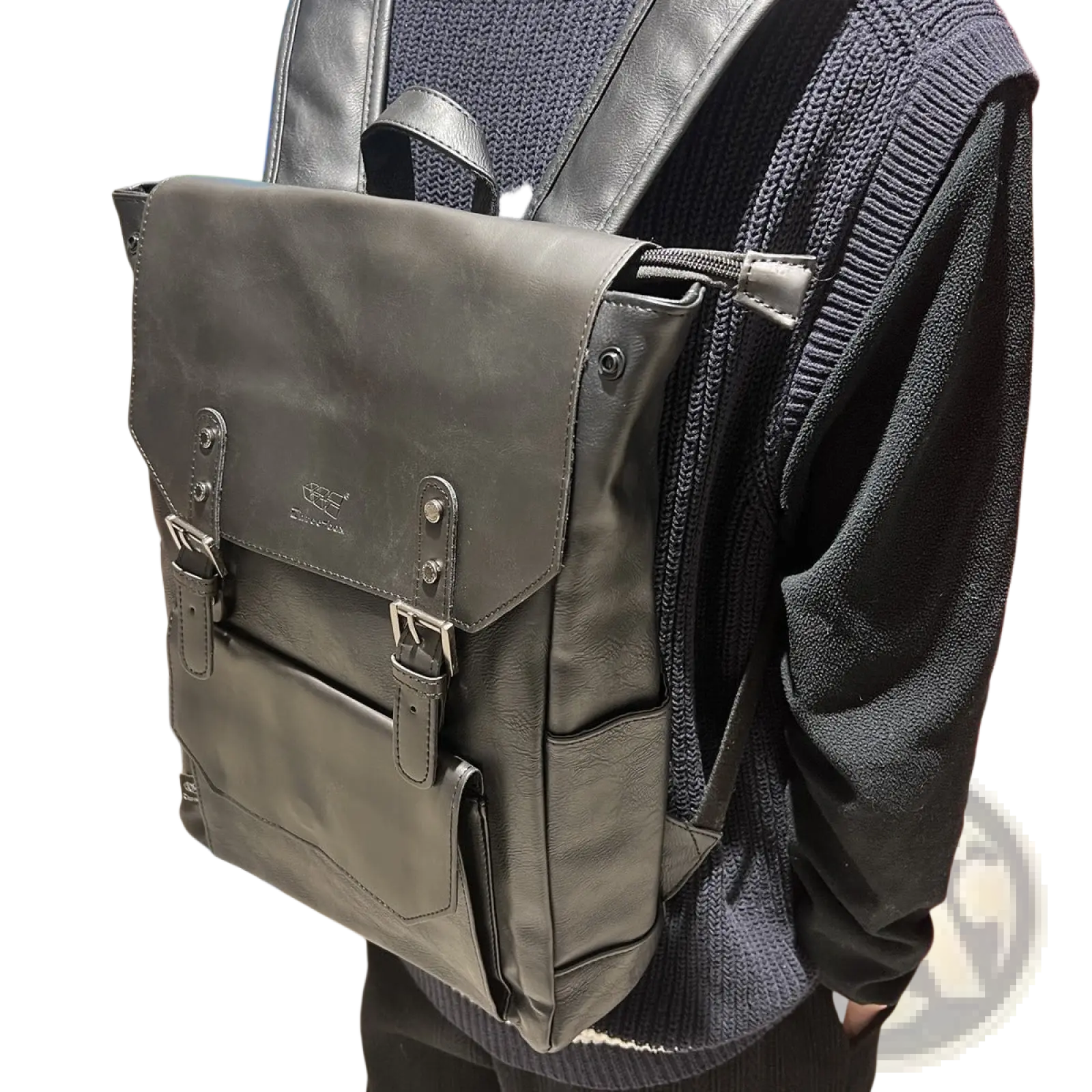 Dark gray vintage leather college backpack with silver metal buckles and embossed logo large capacity travel bag