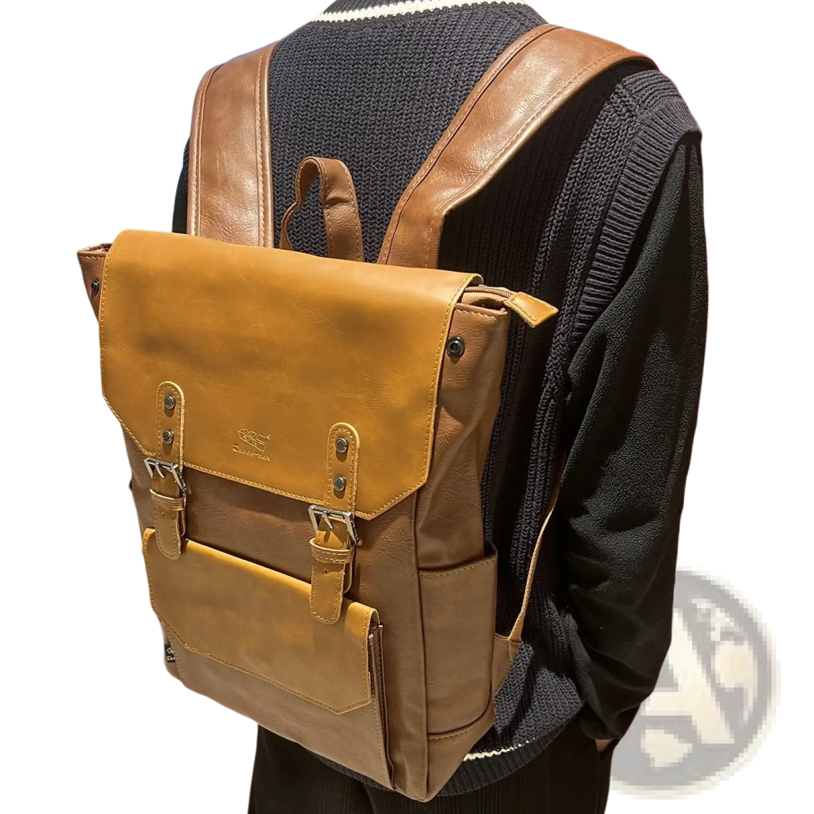 Vintage leather college backpack large capacity travel bag in tan leather with brown straps and silver metal buckles