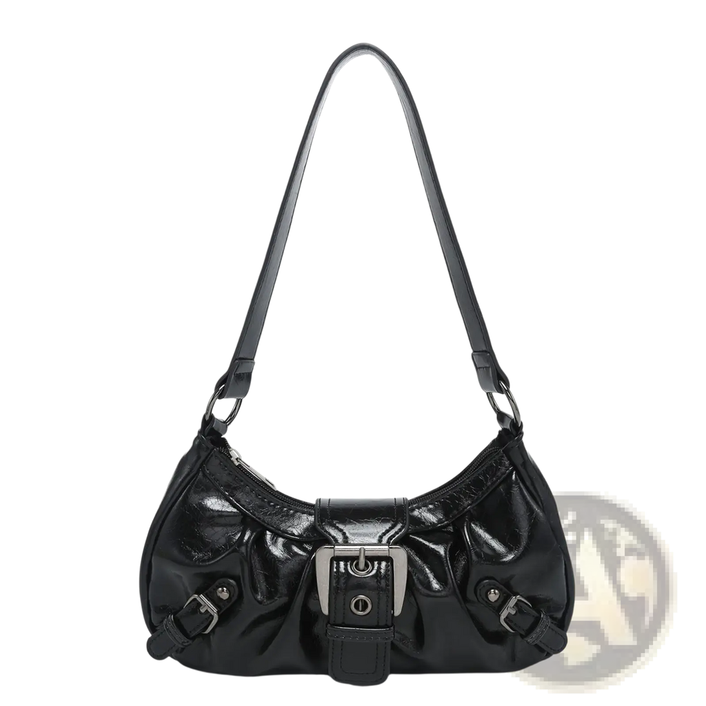 Black patent leather vintage shoulder bag with silver buckle closure and adjustable strap for versatile use