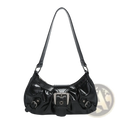 Black patent leather vintage shoulder bag with silver buckle closure and adjustable strap for versatile use