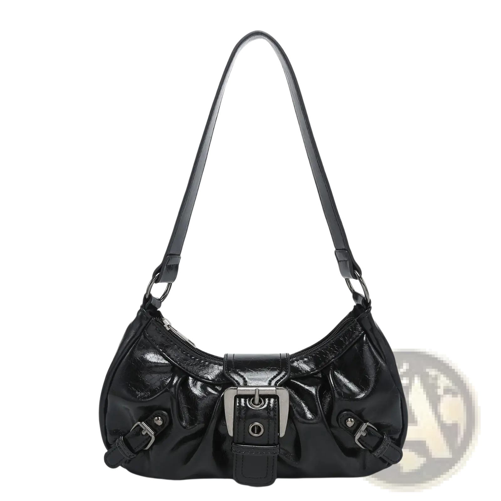 Black patent leather vintage shoulder bag with silver buckle closure and adjustable strap for versatile use