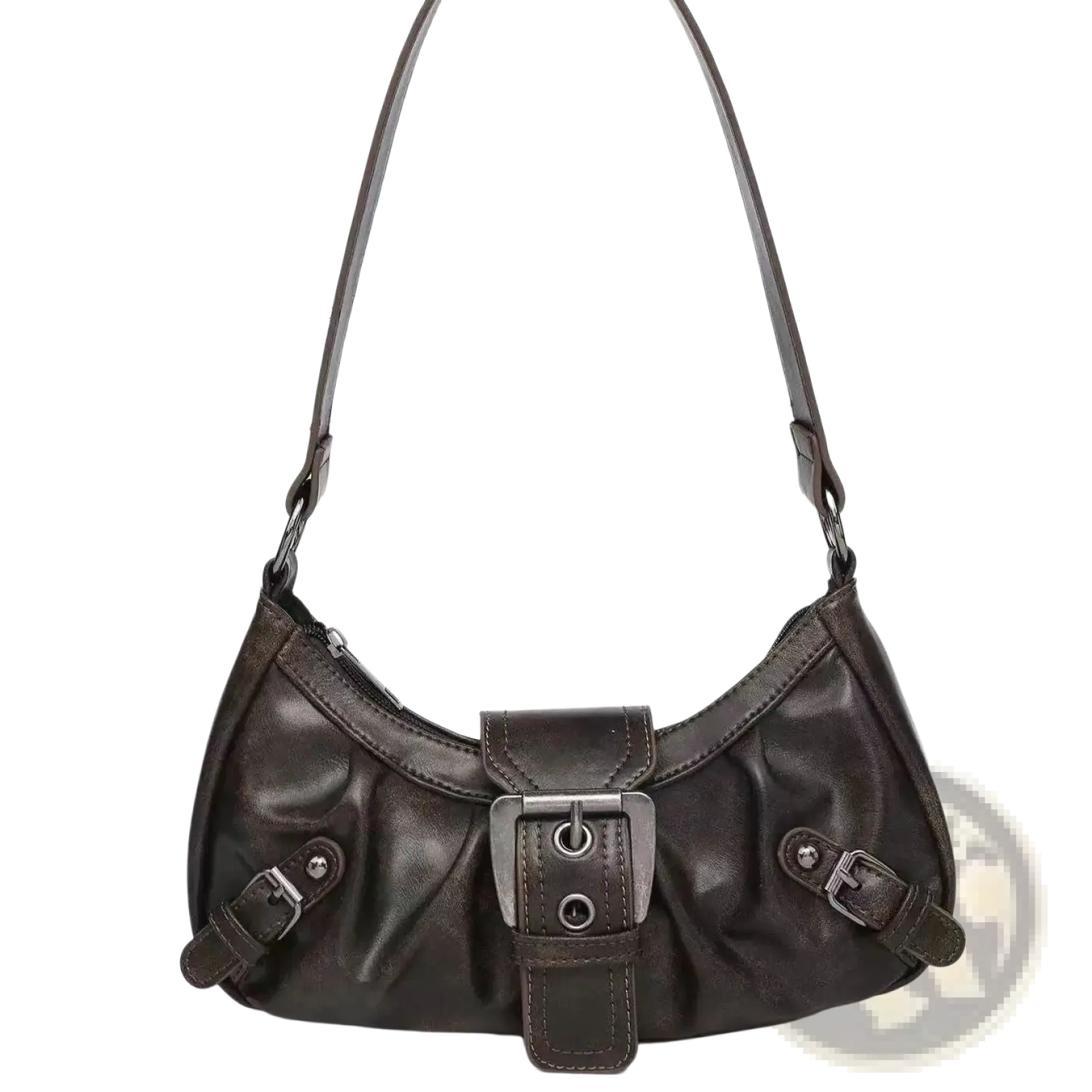 Vintage leather shoulder bag in dark brown with a central silver buckle and two smaller side buckles