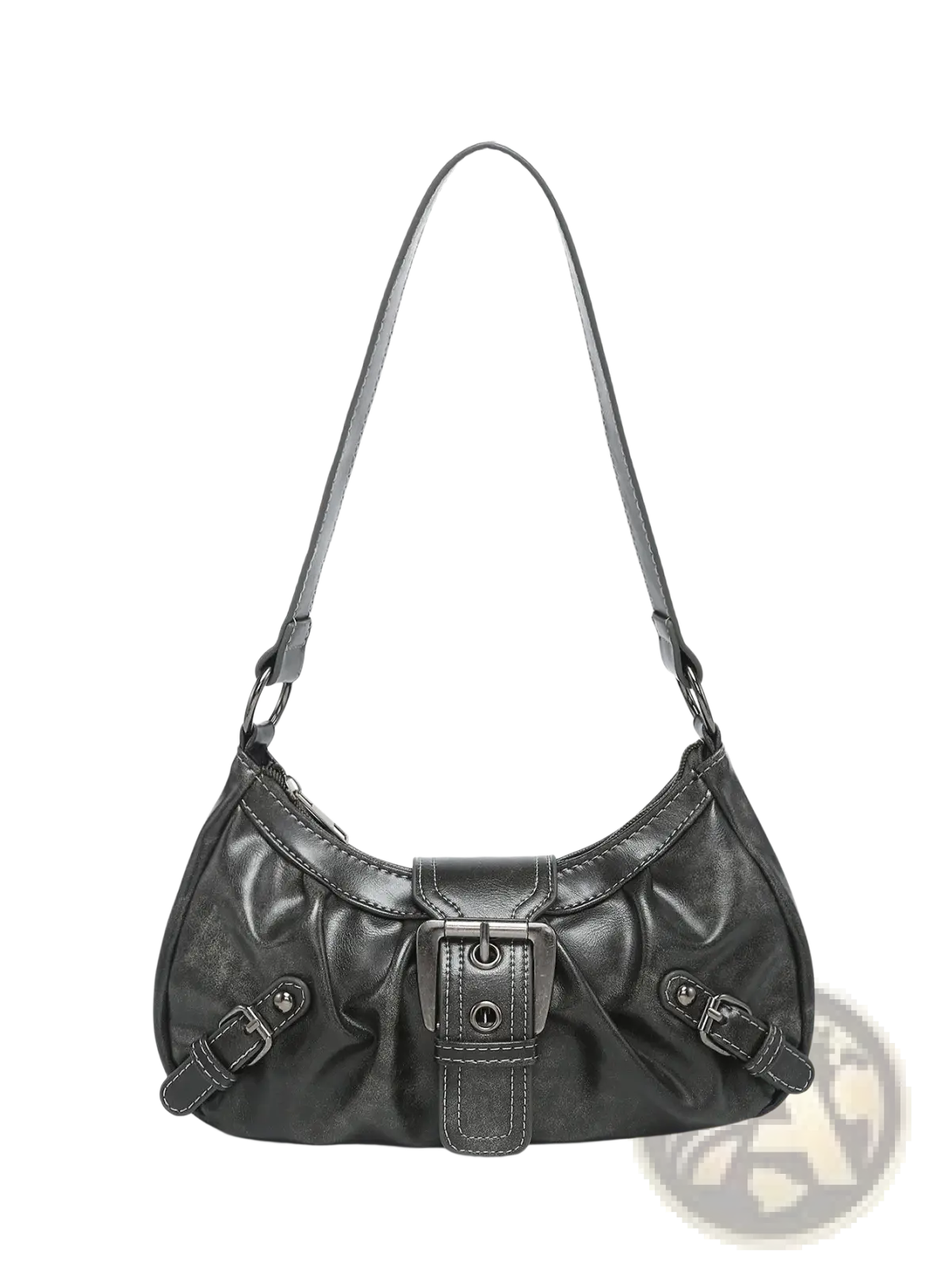 Vintage leather shoulder bag in black with central and two side buckle closures for secure storage