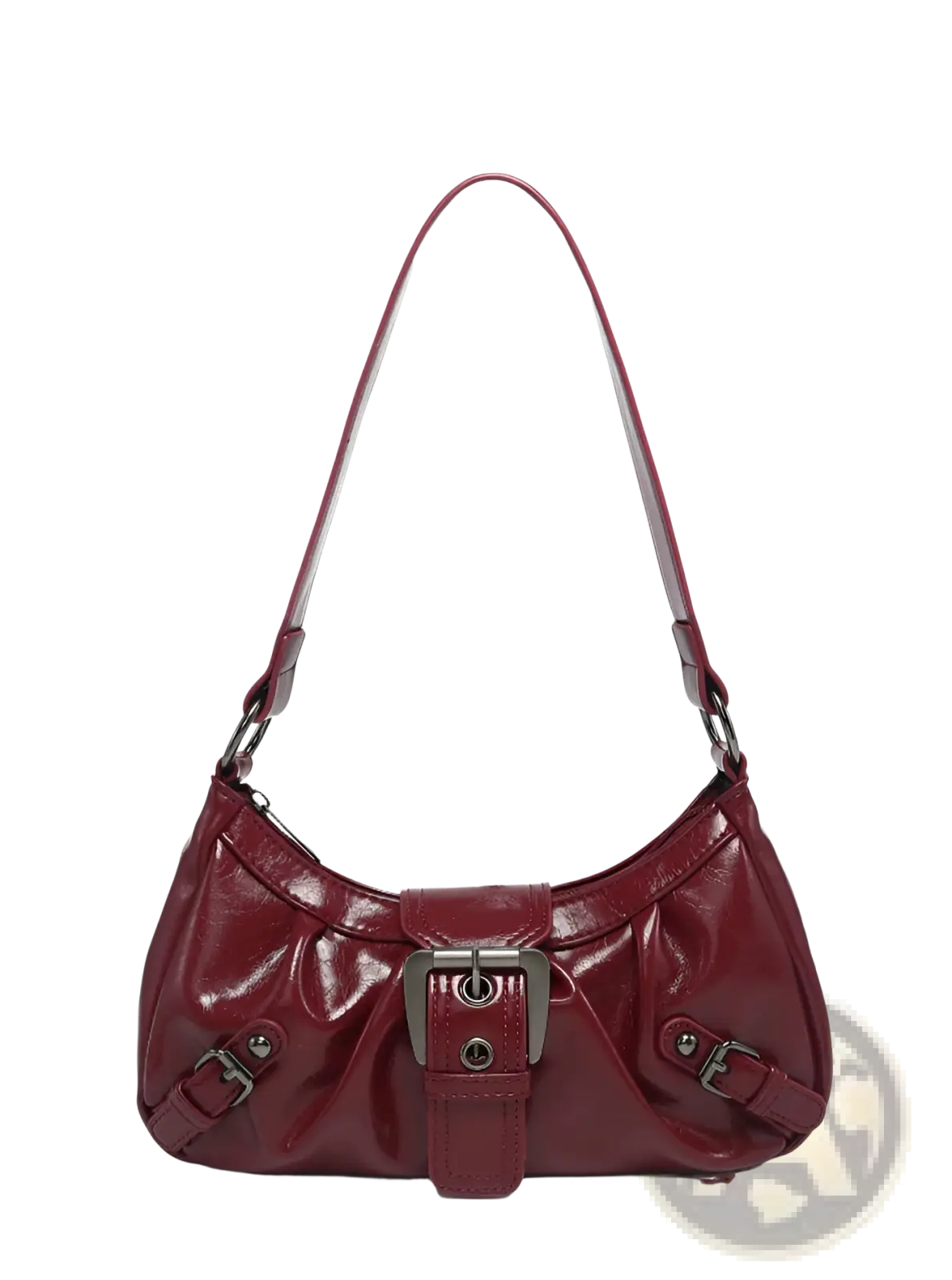 Vintage leather shoulder bag in glossy burgundy patent leather with a central silver buckle and matching hardware accents
