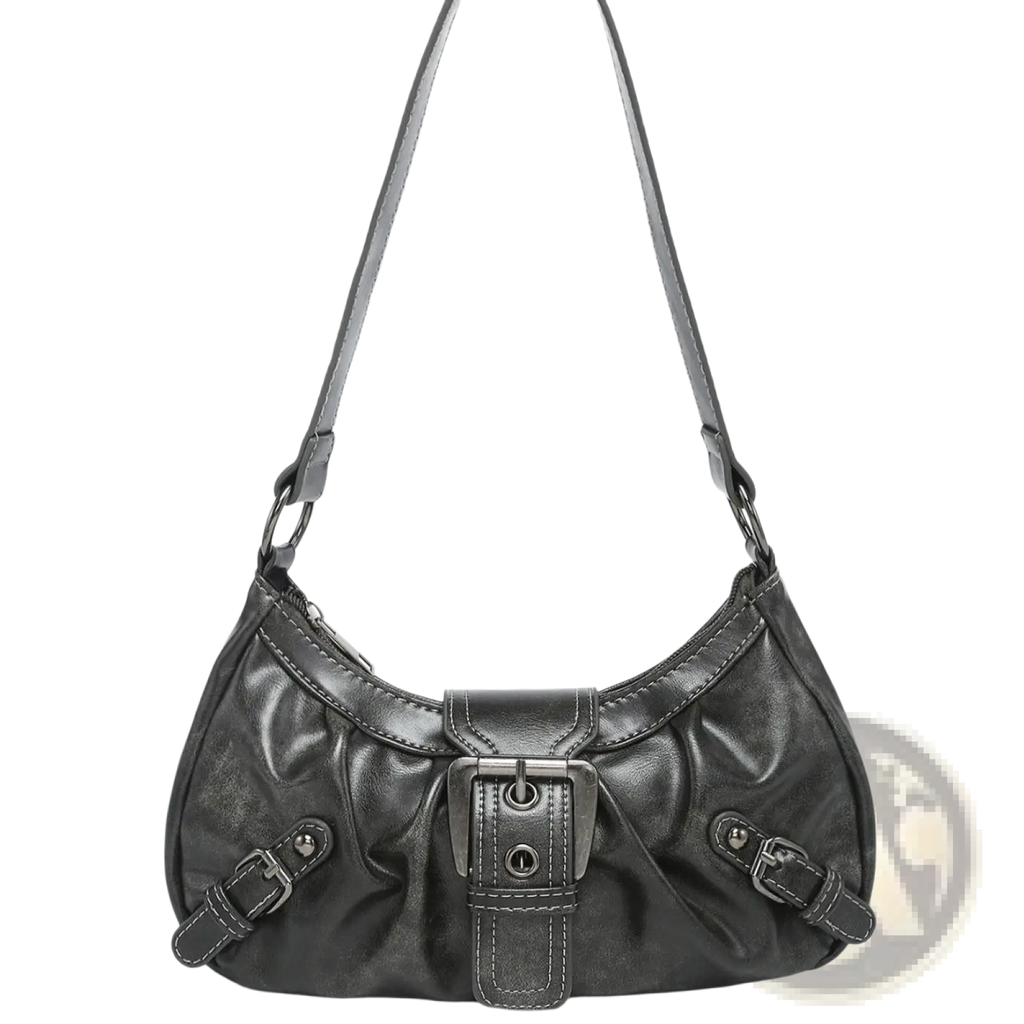 Vintage black leather shoulder bag with central buckle closure and matching straps for classic style