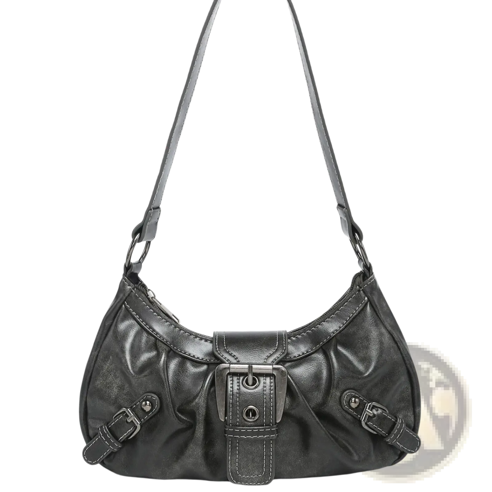 Vintage black leather shoulder bag with central buckle closure and matching straps for classic style