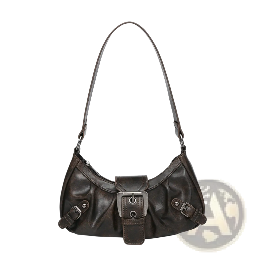 Vintage dark brown leather shoulder bag with central buckle closure and two side buckles for secure carrying