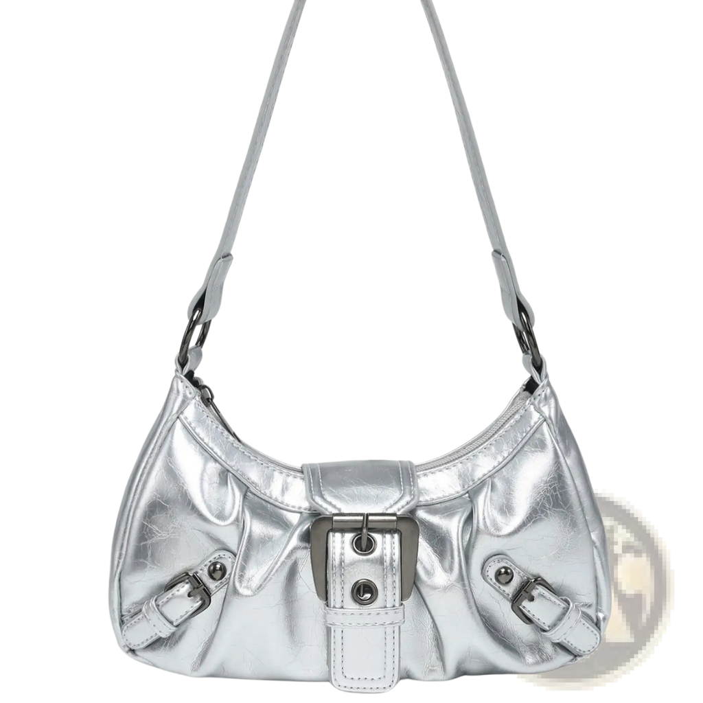Silver metallic vintage leather shoulder bag with a distinctive buckle closure and matching straps
