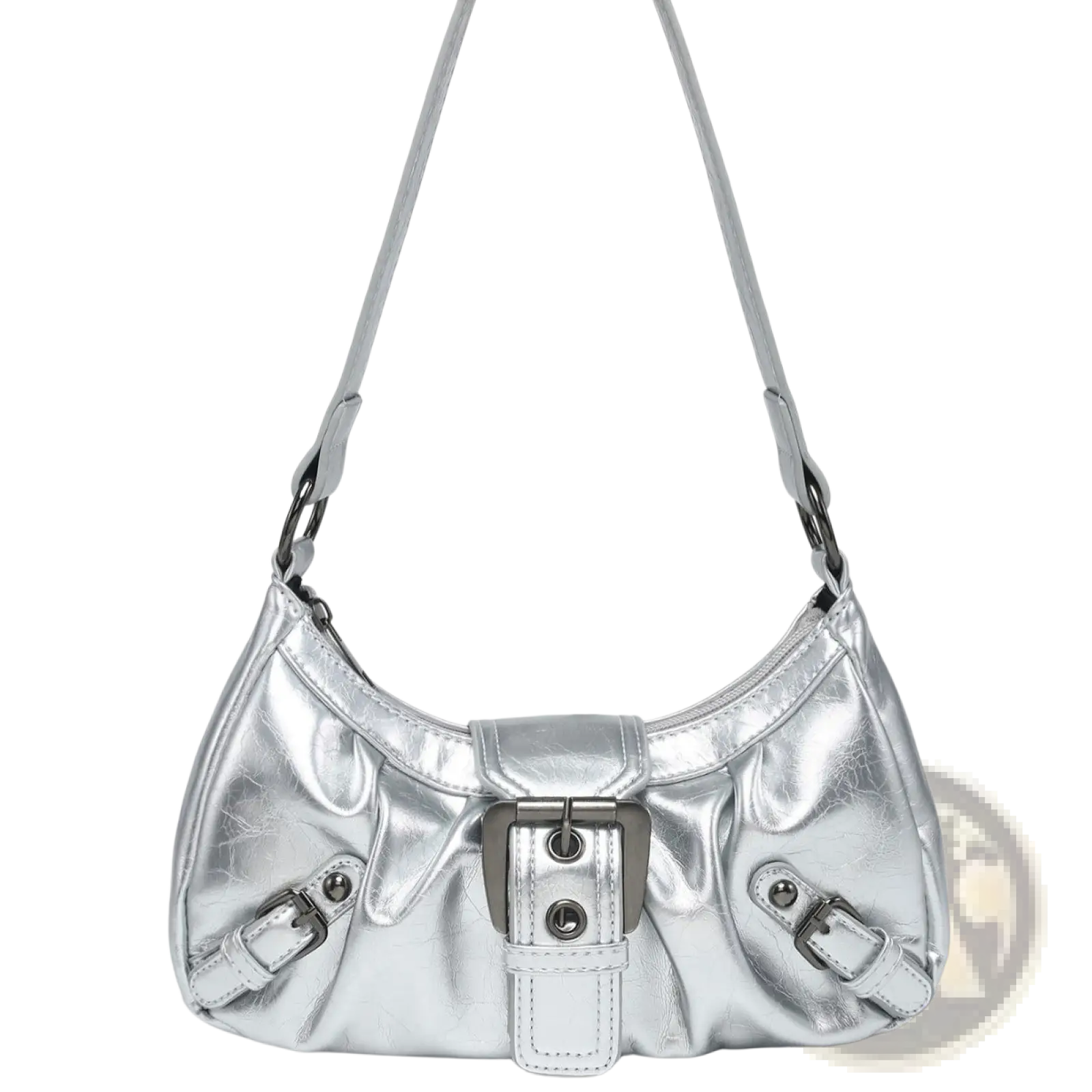 Silver metallic vintage leather shoulder bag with a distinctive buckle closure and matching straps