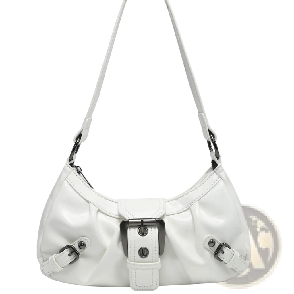 Vintage leather shoulder bag in white patent leather with silver buckle details and adjustable shoulder strap