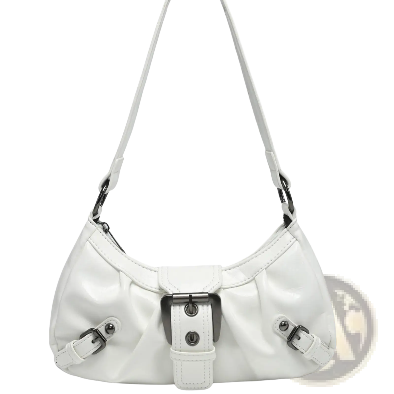 Vintage leather shoulder bag in white patent leather with silver buckle details and adjustable shoulder strap