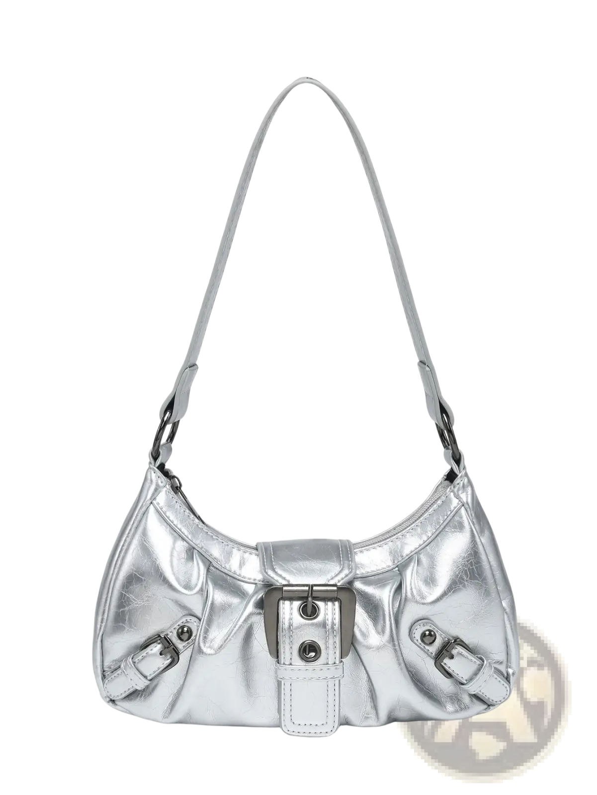 Vintage leather shoulder bag in silver metallic with sleek crinkled texture and prominent buckle closures