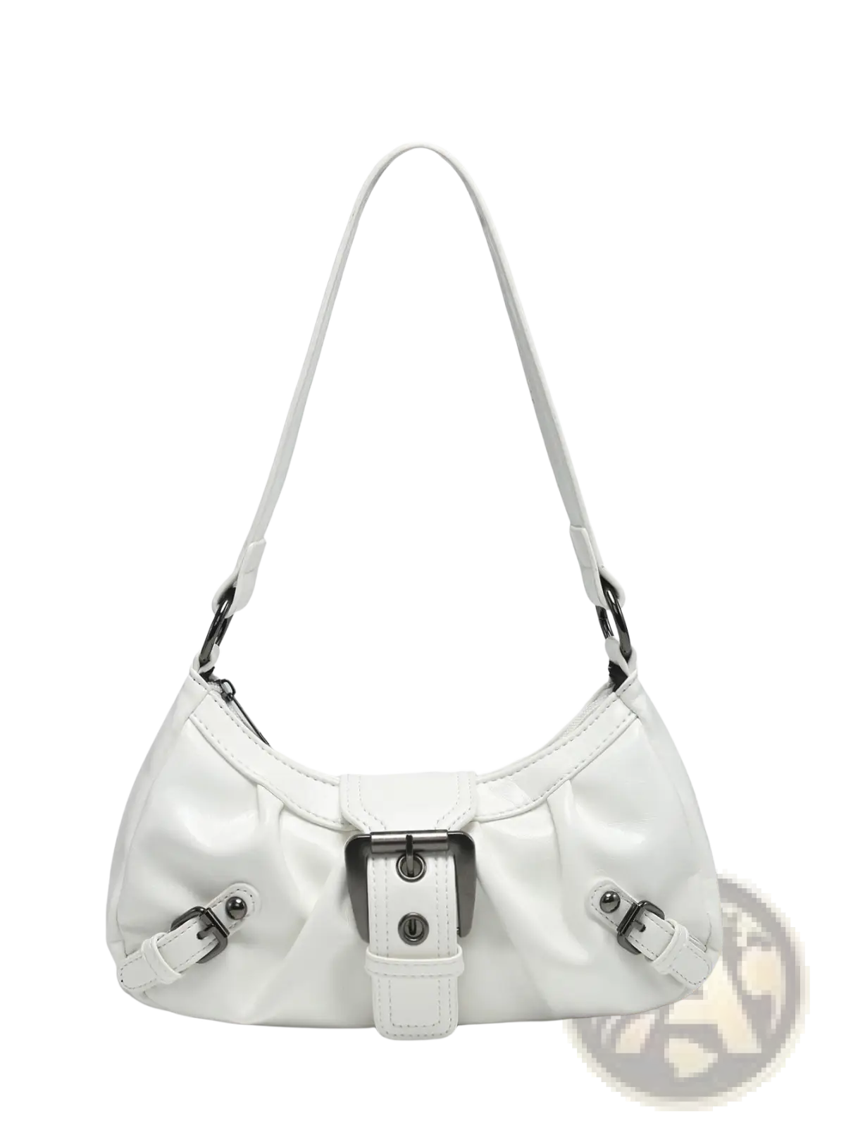 Vintage leather shoulder bag in white patent leather with black metal buckles and a curved shoulder strap