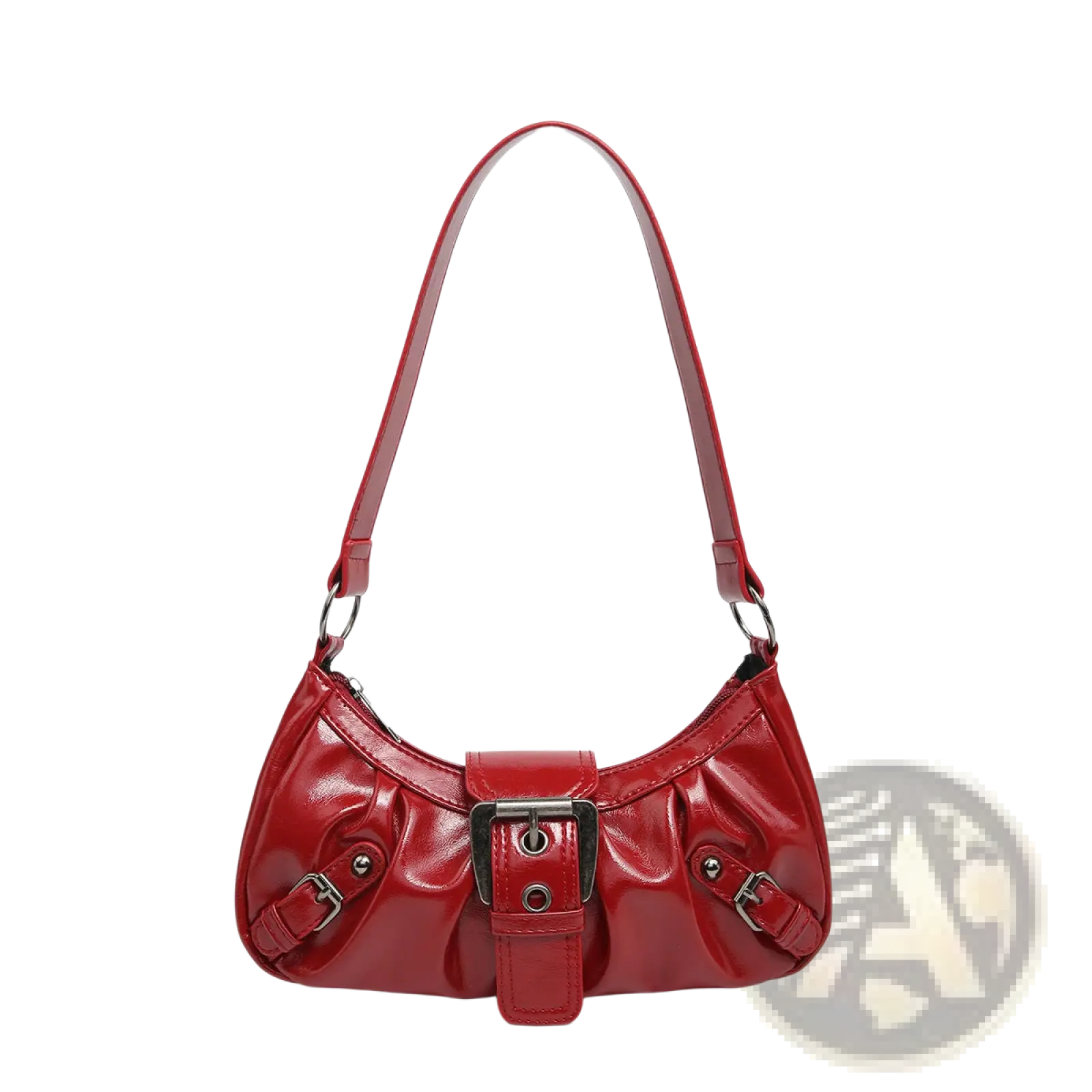 Vintage leather shoulder bag in vibrant red patent leather with central buckle closure and matching straps