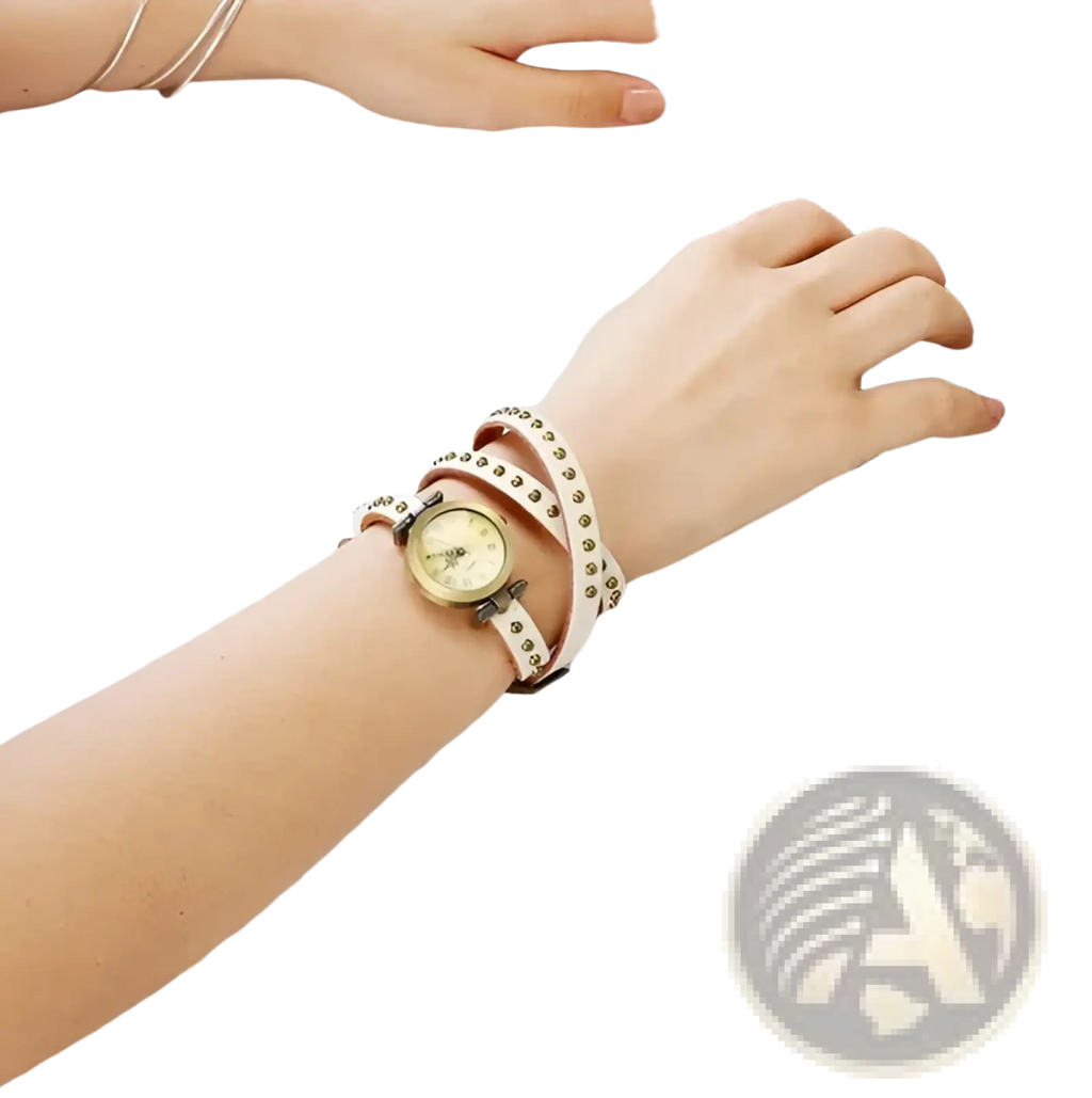 Vintage leather studded wrap watch bracelet in beige leather with silver studs and a minimalist round face design