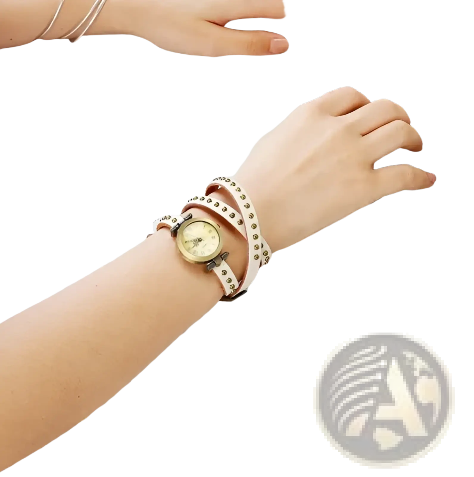 Vintage leather studded wrap watch bracelet in beige leather with silver studs and a minimalist round face design