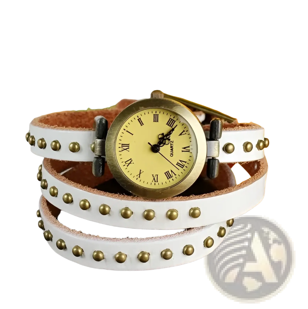 Vintage leather studded wrap watch bracelet featuring a white leather triple wrap with gold-tone studs and roman numerals