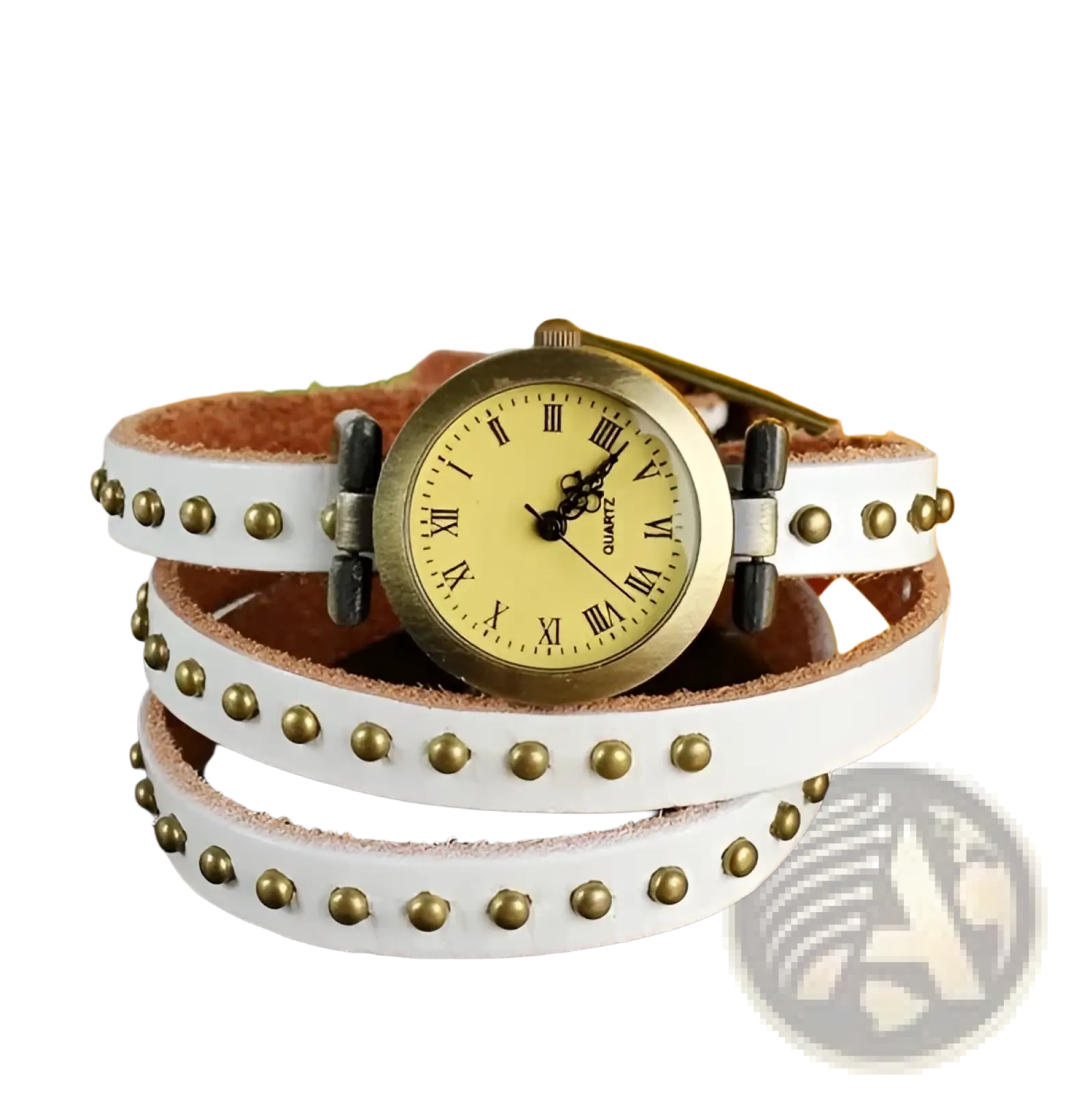 Vintage leather studded wrap watch bracelet featuring a white leather triple wrap with gold-tone studs and roman numerals
