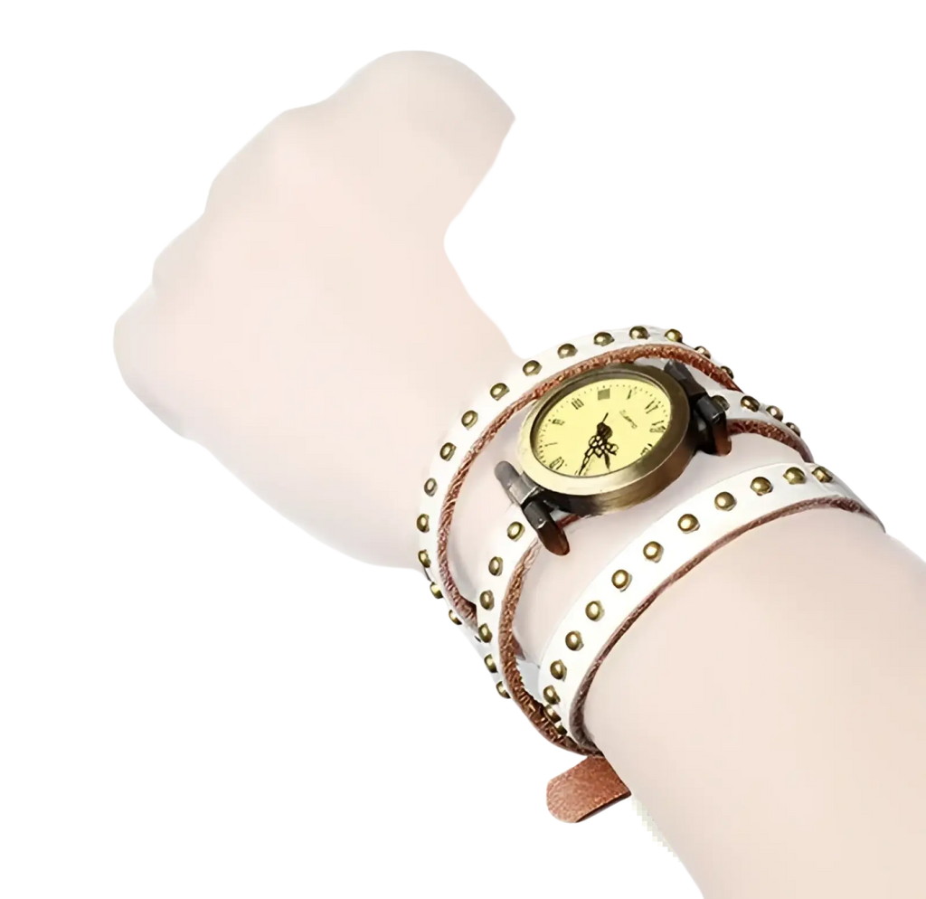 Vintage leather studded wrap watch bracelet in white leather with gold-tone studs and a vintage-style face