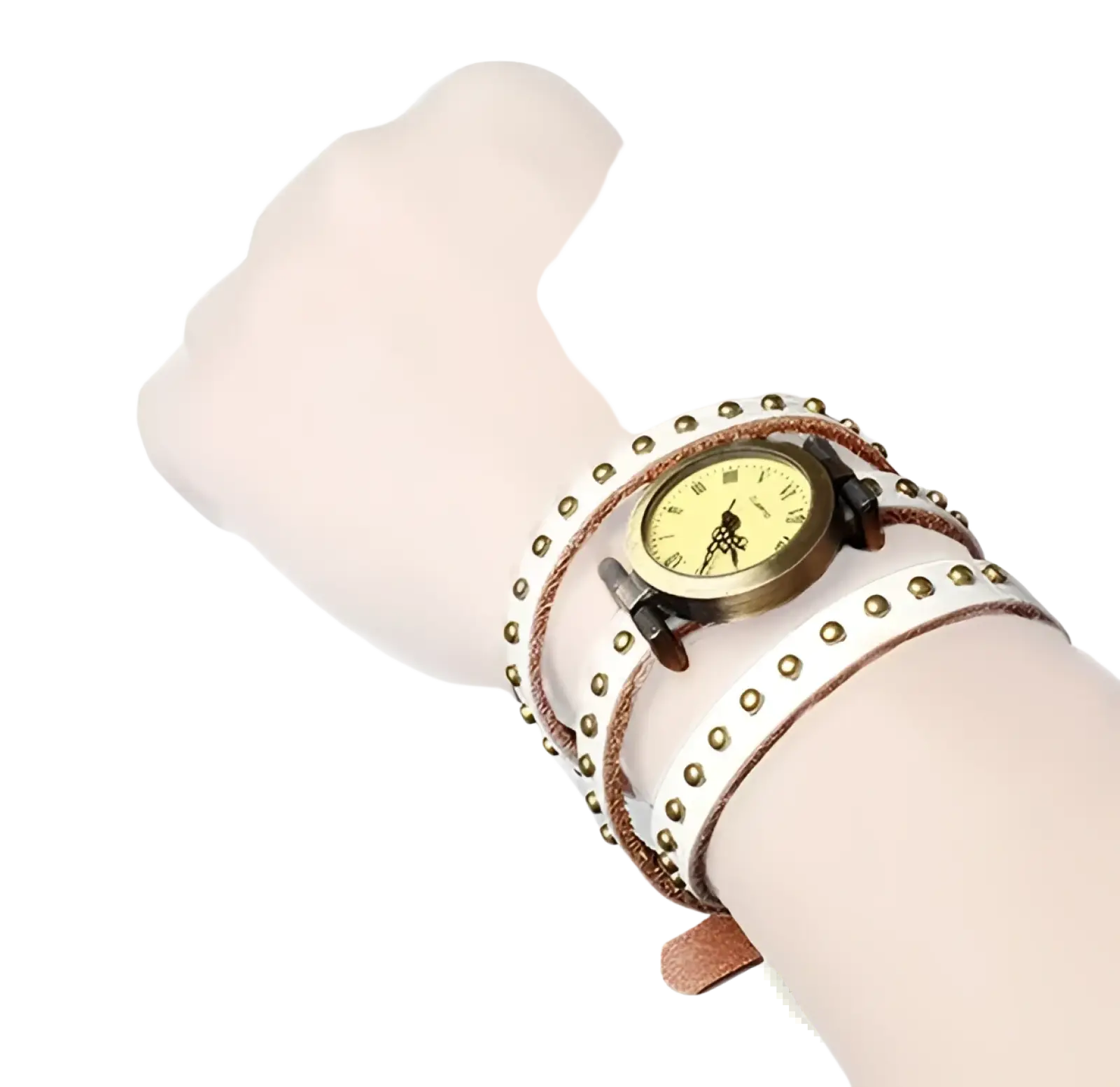 Vintage leather studded wrap watch bracelet in white leather with gold-tone studs and a vintage-style face