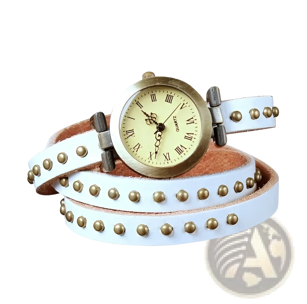 Vintage leather studded wrap watch bracelet featuring a white leather wrap with gold-tone studs and a vintage round face
